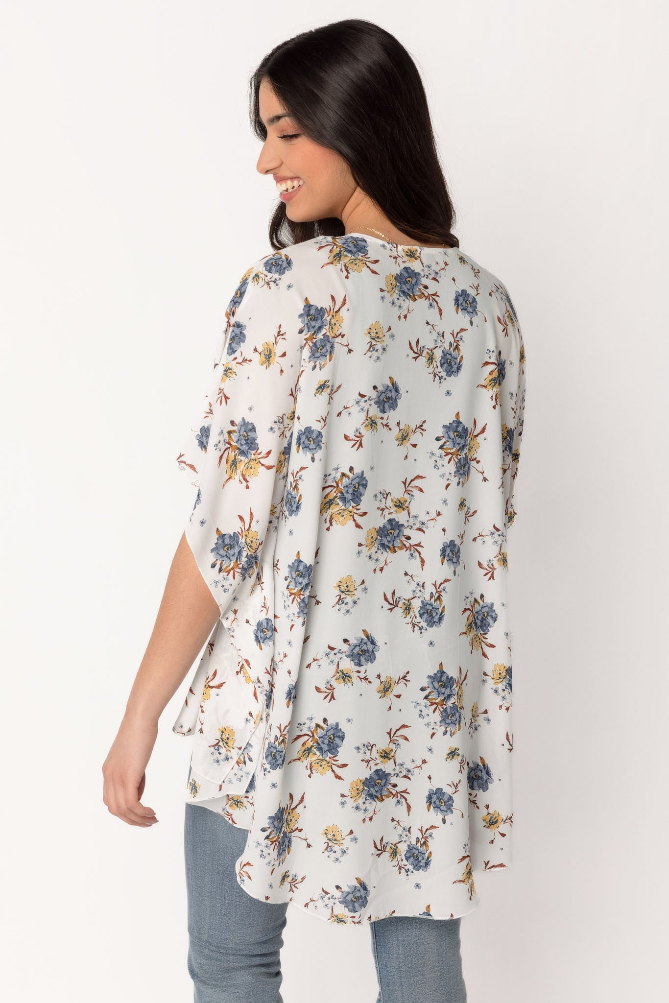Ivory & Blue Floral Chiffon Kimono