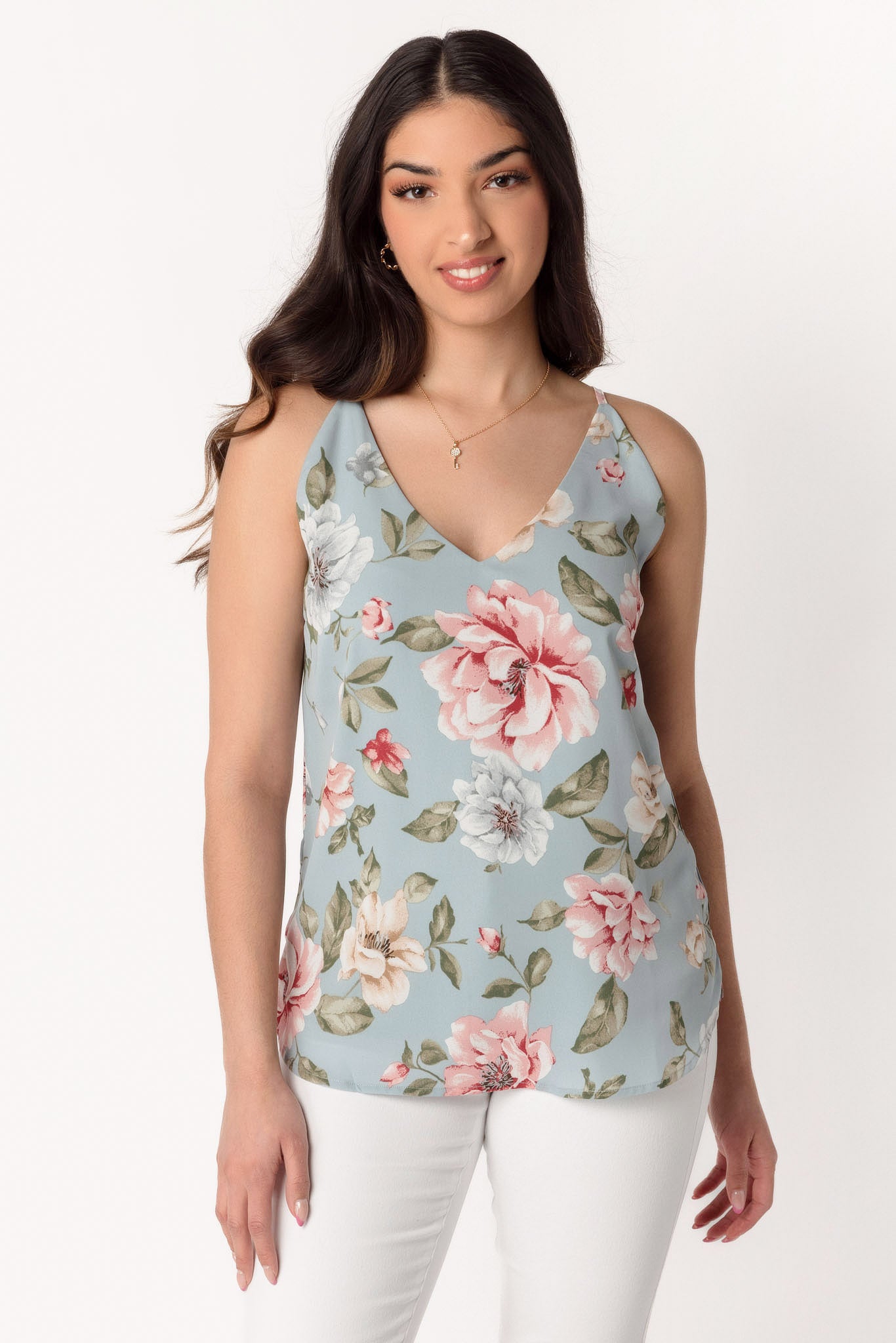 Aqua Floral Double V-Neck Cami