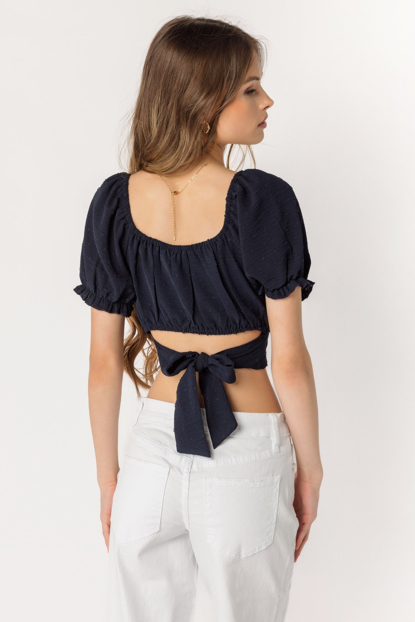 Swiss Dot Tie-Back Peasant Top