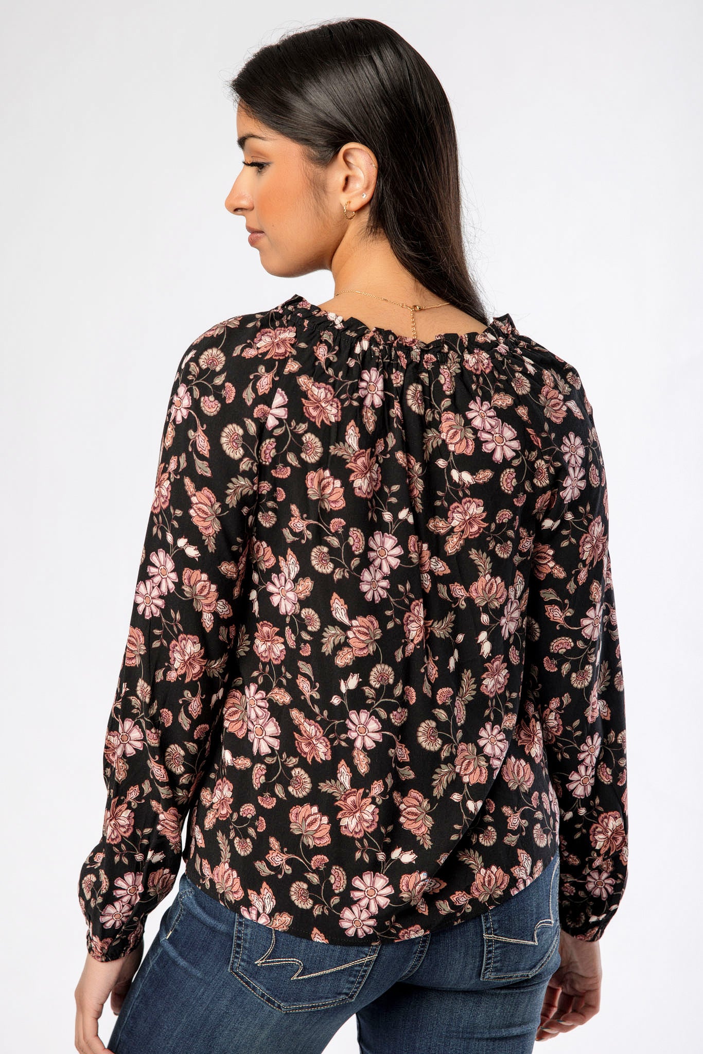 Floral V-Neck Long Sleeve Blouse with Tie Detail