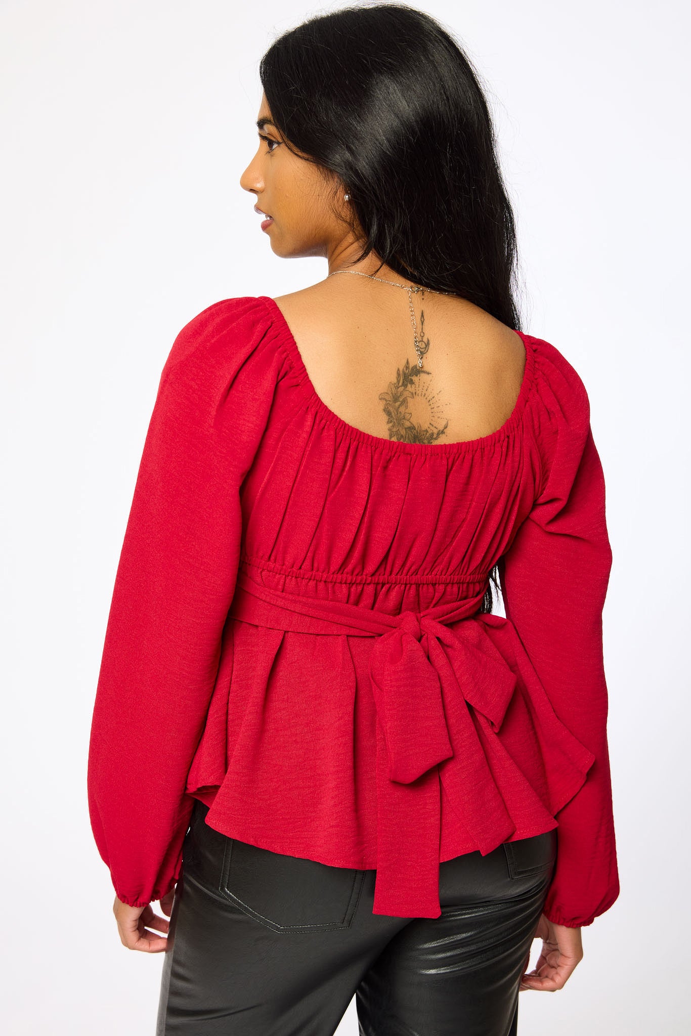 Airflow Square-Neck Long Sleeve Peasant Top with Tie-Back