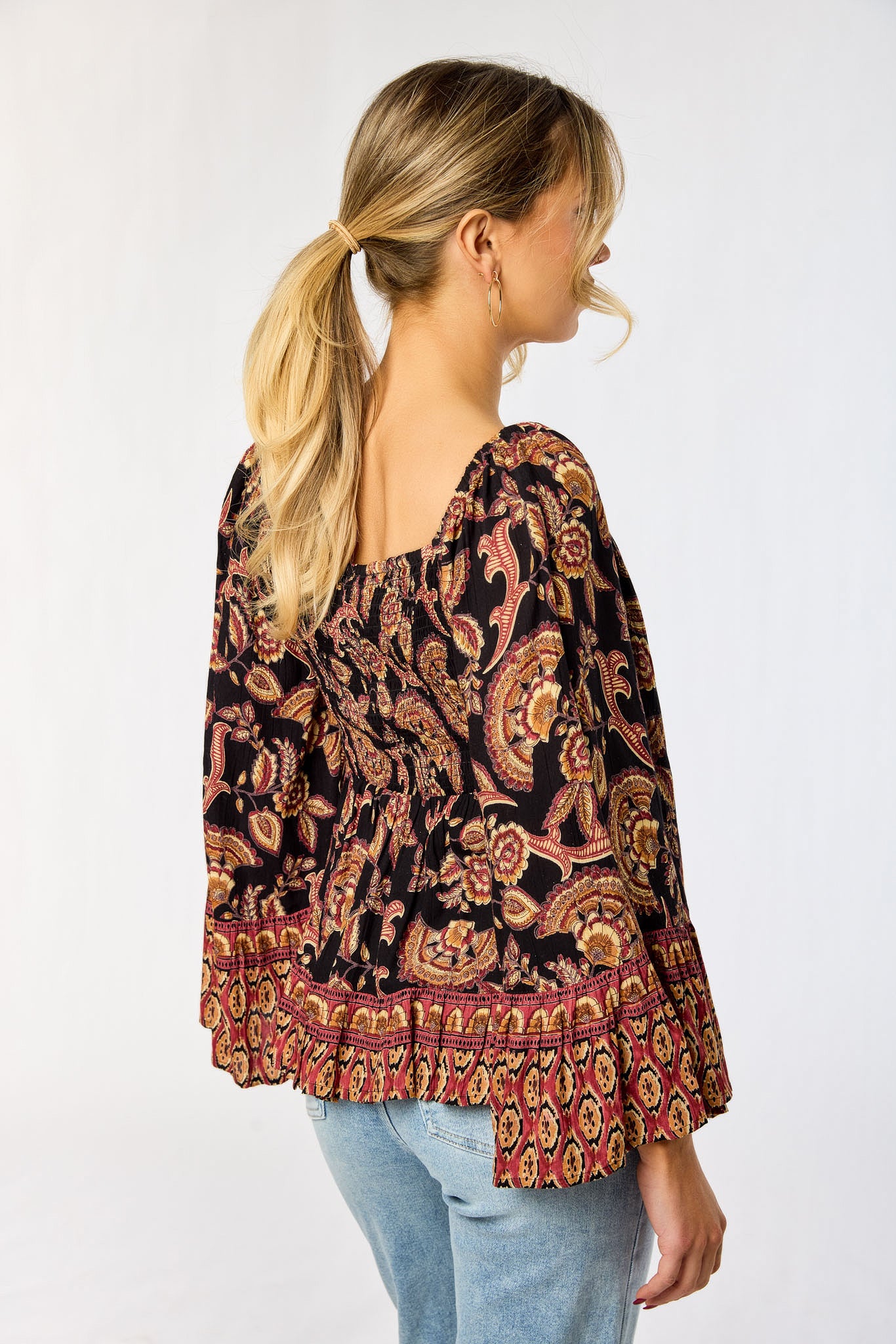 Floral Border-Print Bell Sleeve Babydoll Top
