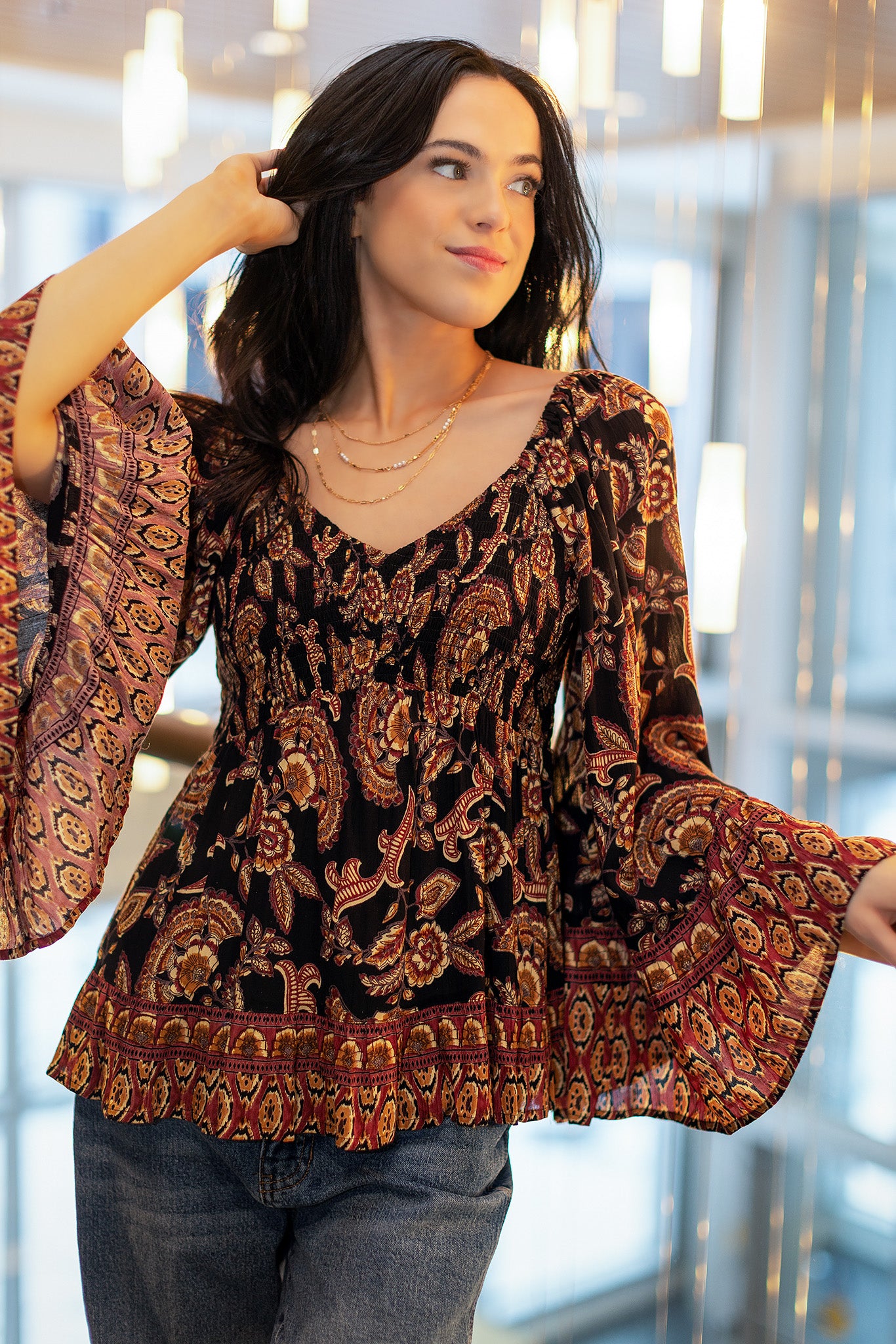 Floral Border-Print Bell Sleeve Babydoll Top