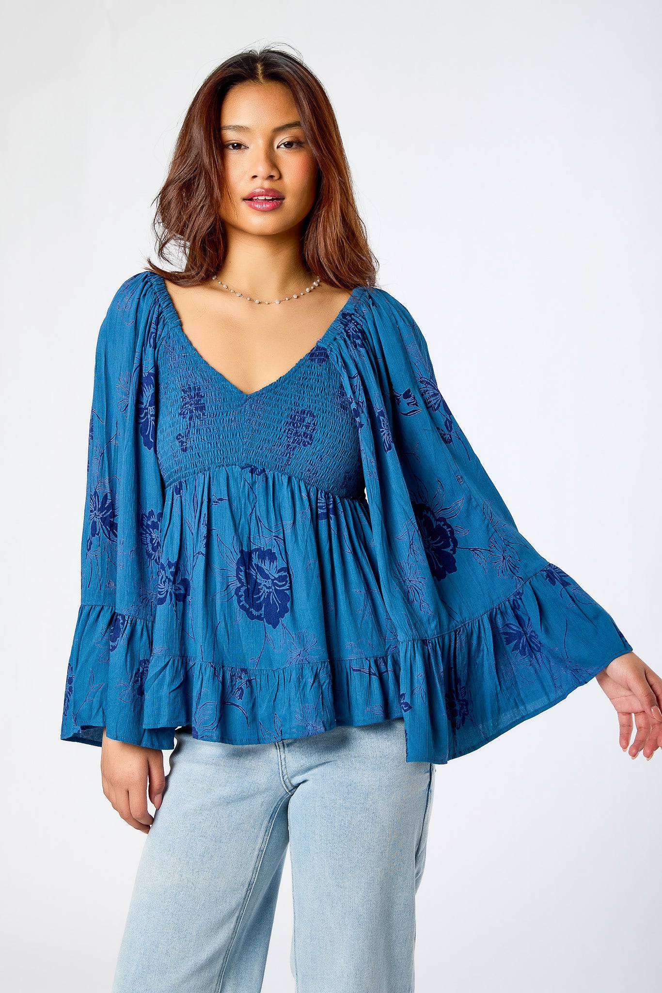 Floral Smocked V-Neck Bell-Sleeve Babydoll Top