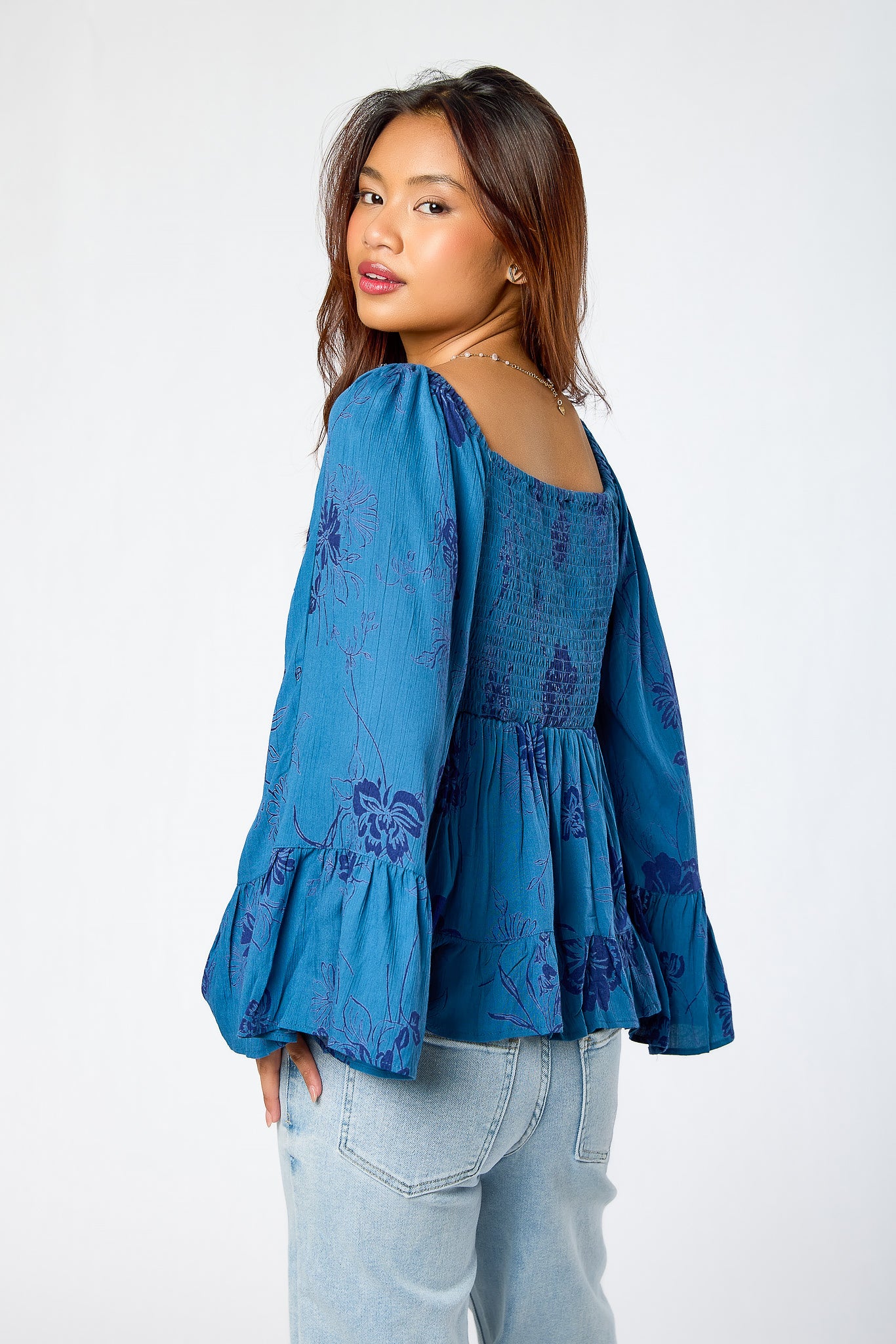 Floral Smocked V-Neck Bell-Sleeve Babydoll Top