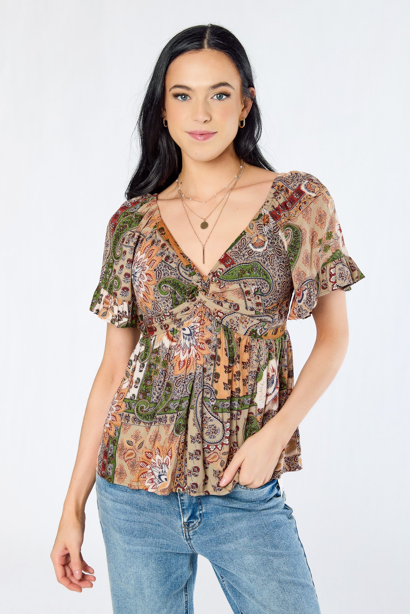 Patchwork Flutter Sleeve Babydoll Top with Twisted Bust