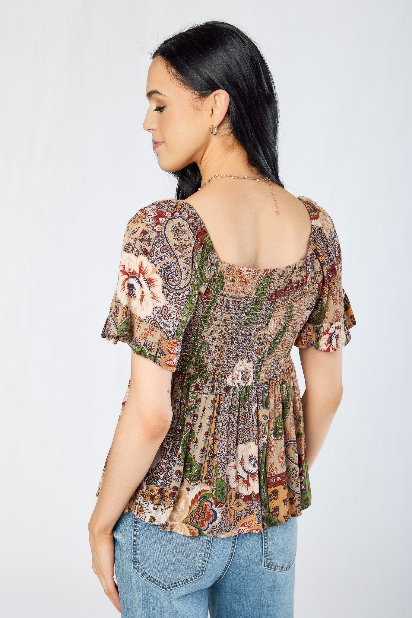 Patchwork Flutter Sleeve Babydoll Top with Twisted Bust