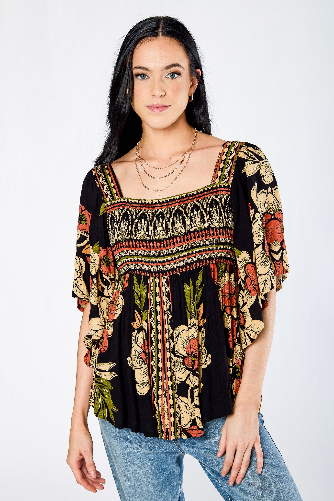 Border-Print Smocked Bust Kimono Sleeve Blouse