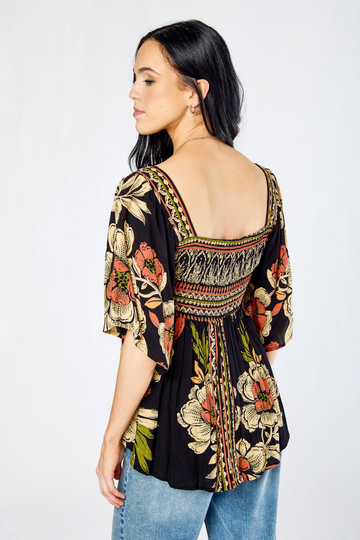 Border-Print Smocked Bust Kimono Sleeve Blouse