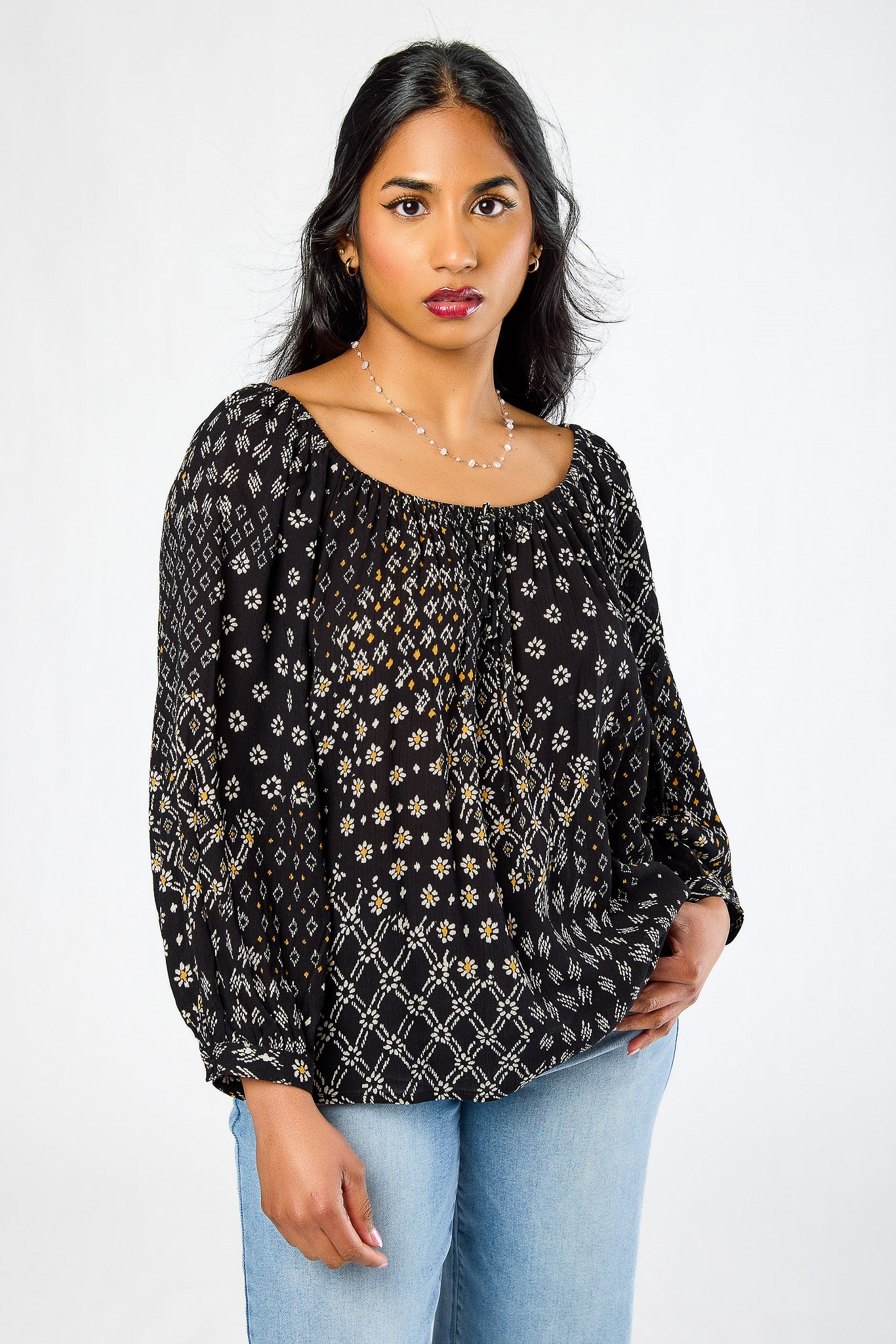 Rayon Gauze Boho 3/4 Sleeve Peasant Blouse
