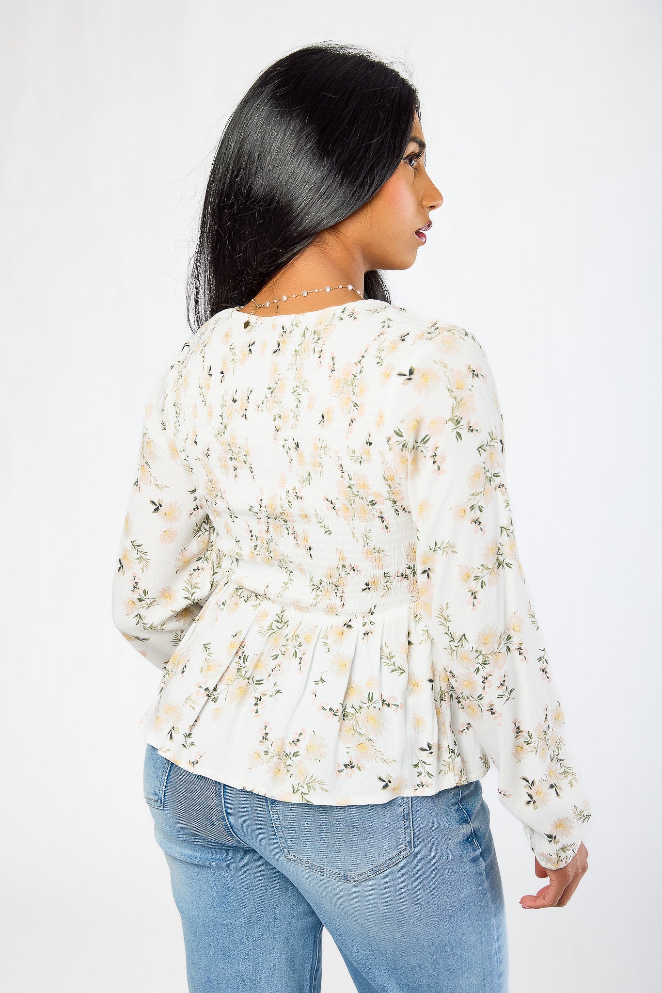 Floral Smocked V-Neck Long-Sleeve Babydoll with Buttons