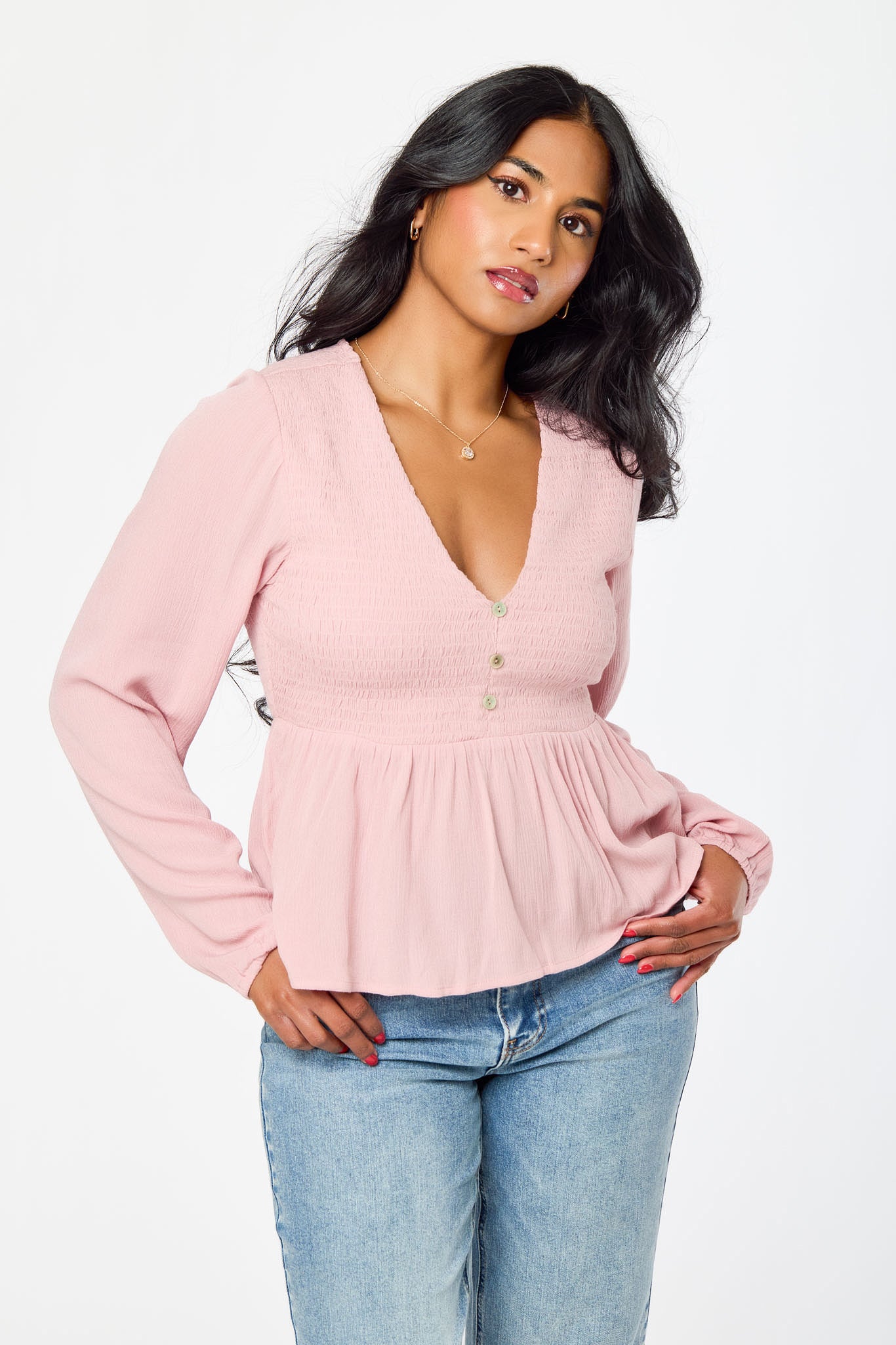 Smocked Long Sleeve Rayon Gauze Babydoll Top