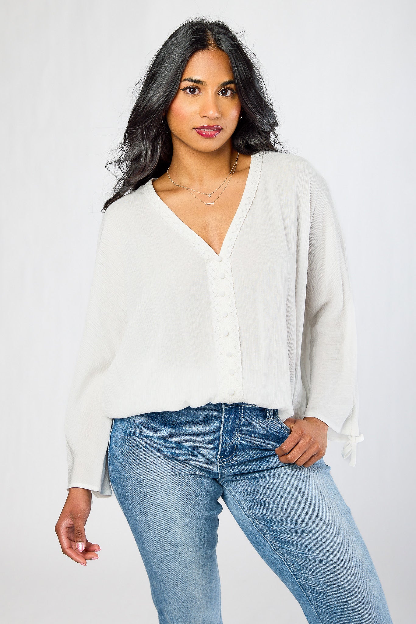 Crochet-Trim Rayon Gauze V-Neck Top
