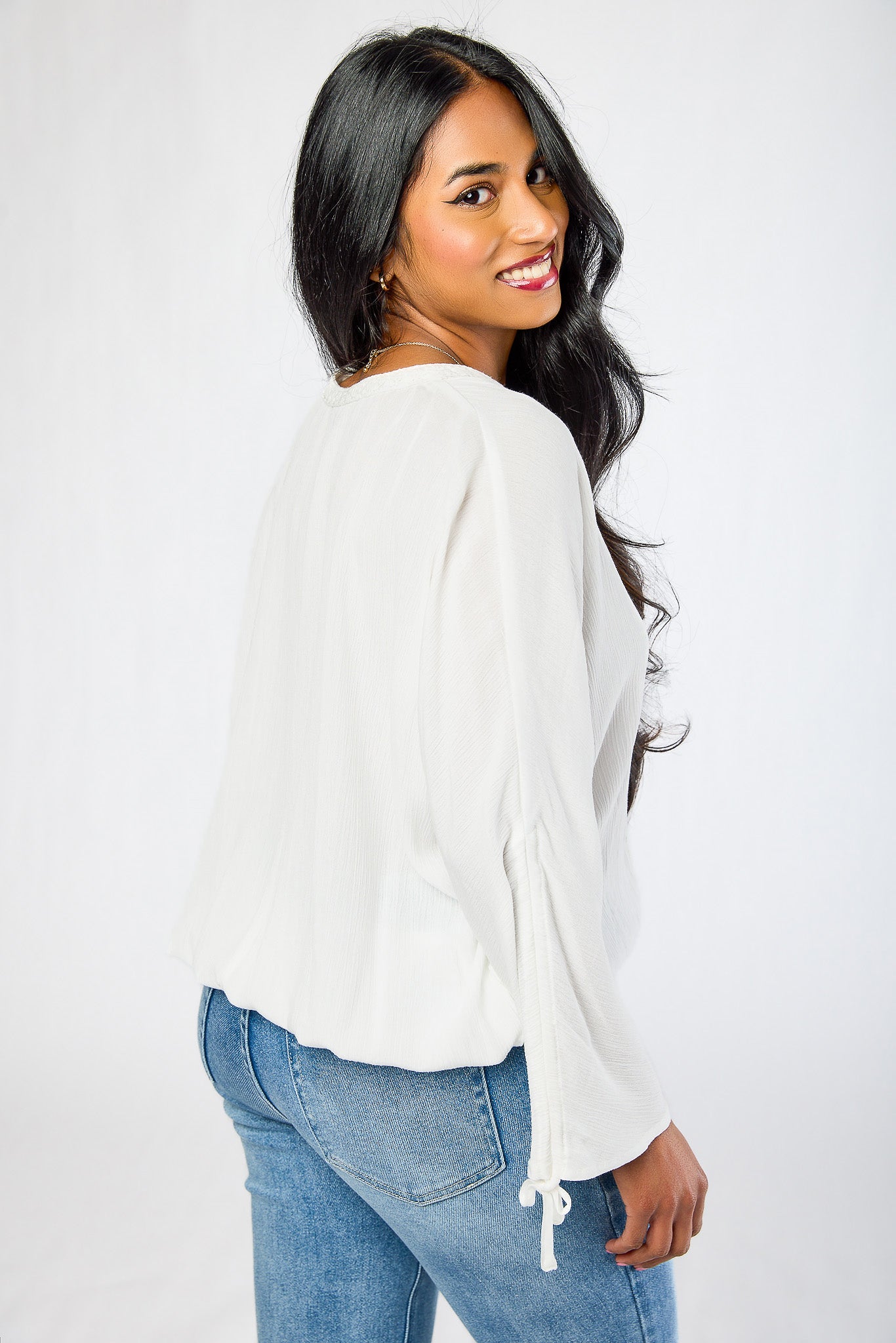 Crochet-Trim Rayon Gauze V-Neck Top