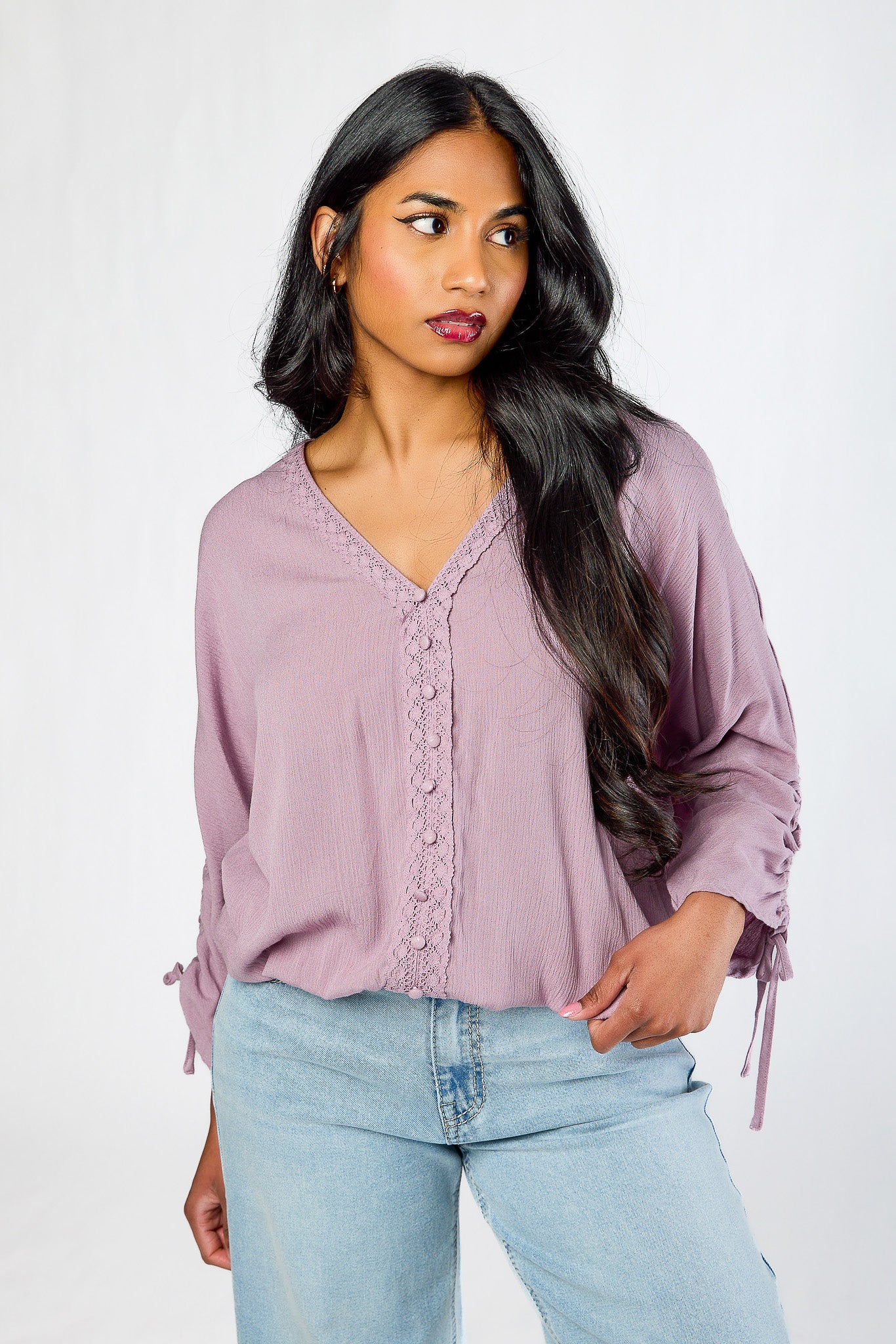 Crochet-Trim Rayon Gauze V-Neck Top