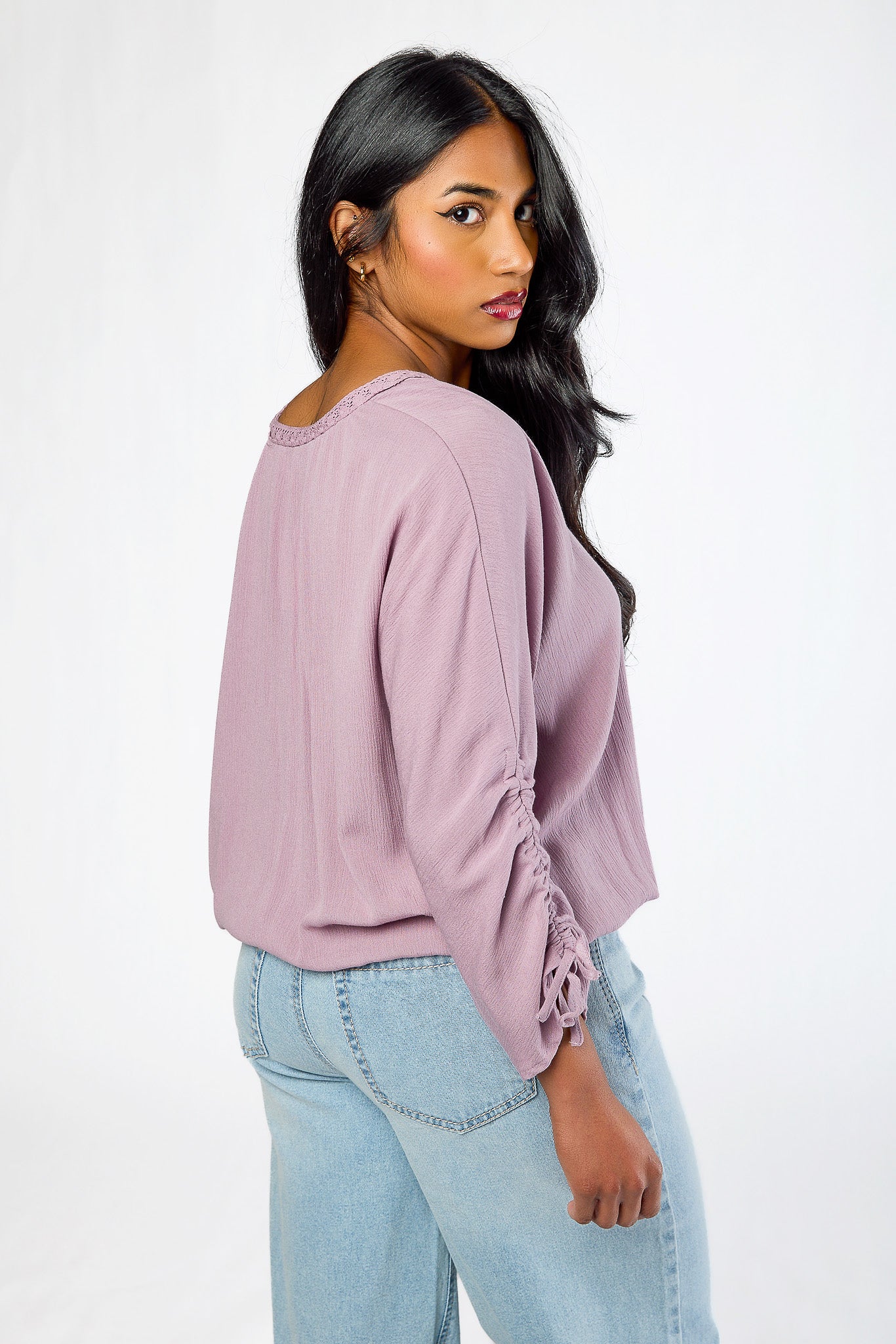Crochet-Trim Rayon Gauze V-Neck Top
