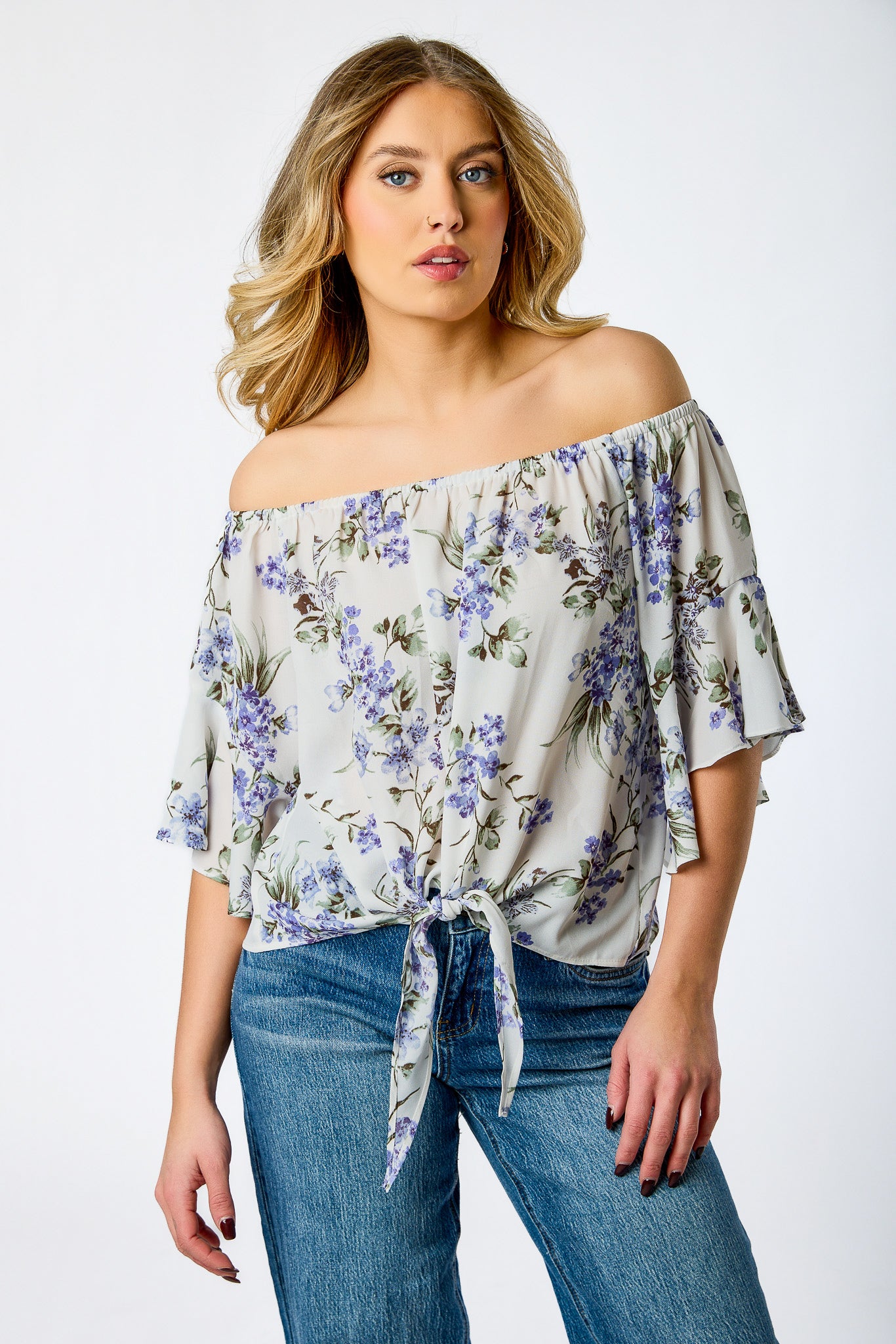 Floral Off-The-Shoulder Bell-Sleeve Blouse with Tie-Front Detail