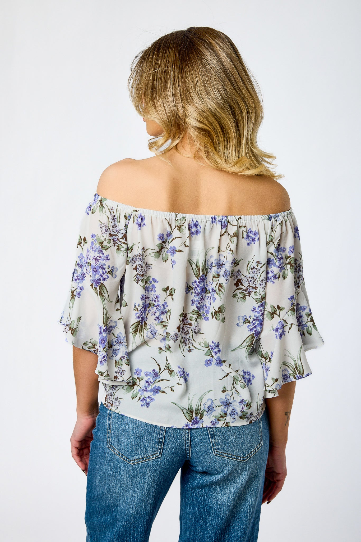 Floral Off-The-Shoulder Bell-Sleeve Blouse with Tie-Front Detail