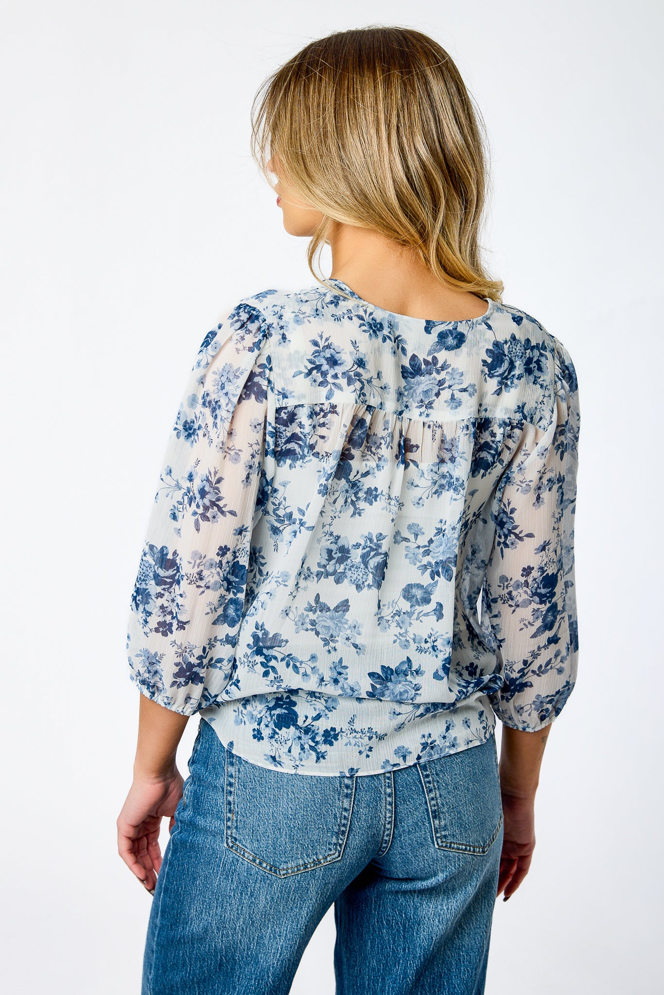 Floral V-Neck 3/4-Sleeve Tie-Front Blouse