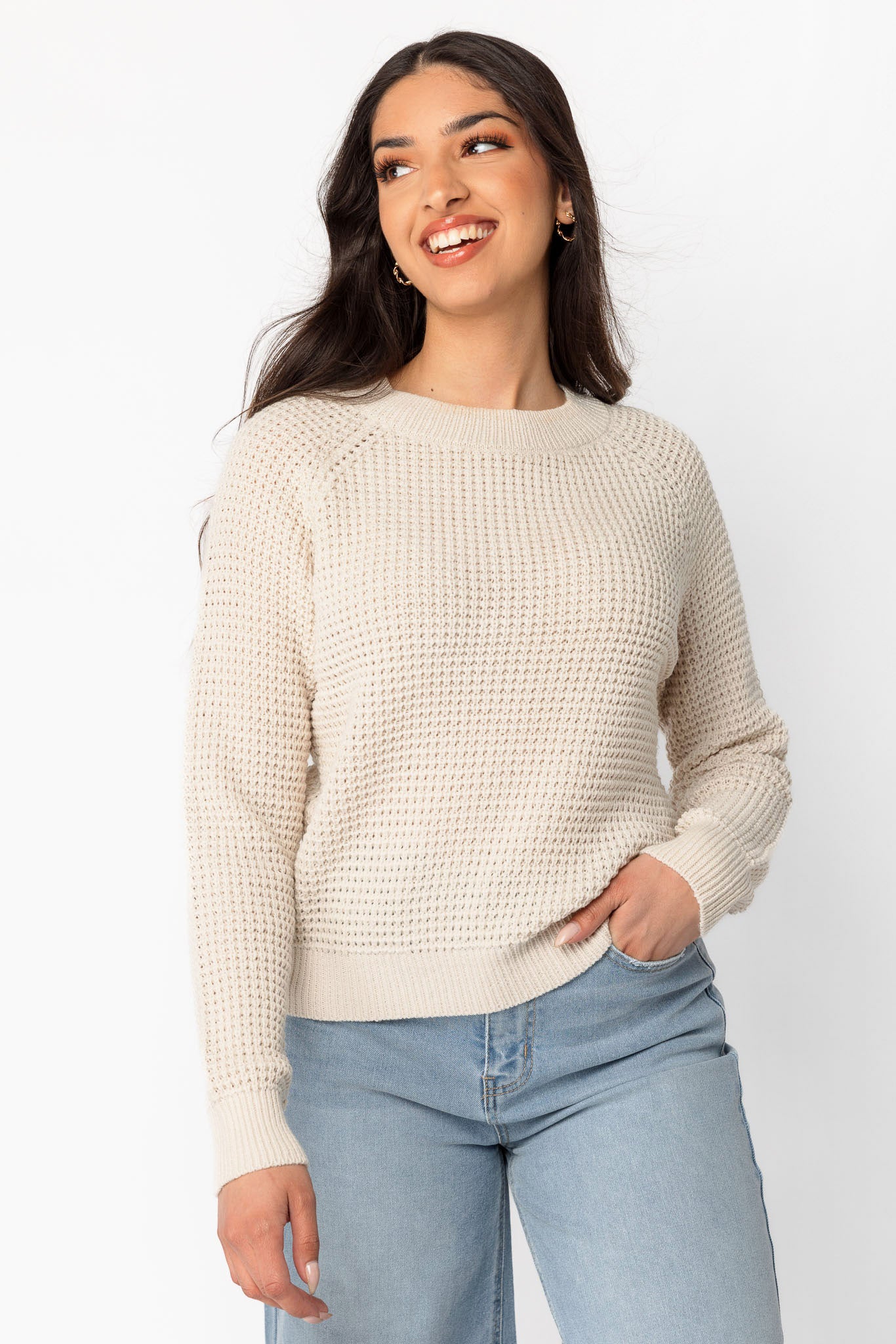 Long-Sleeve Crew-Neck Waffle Sweater