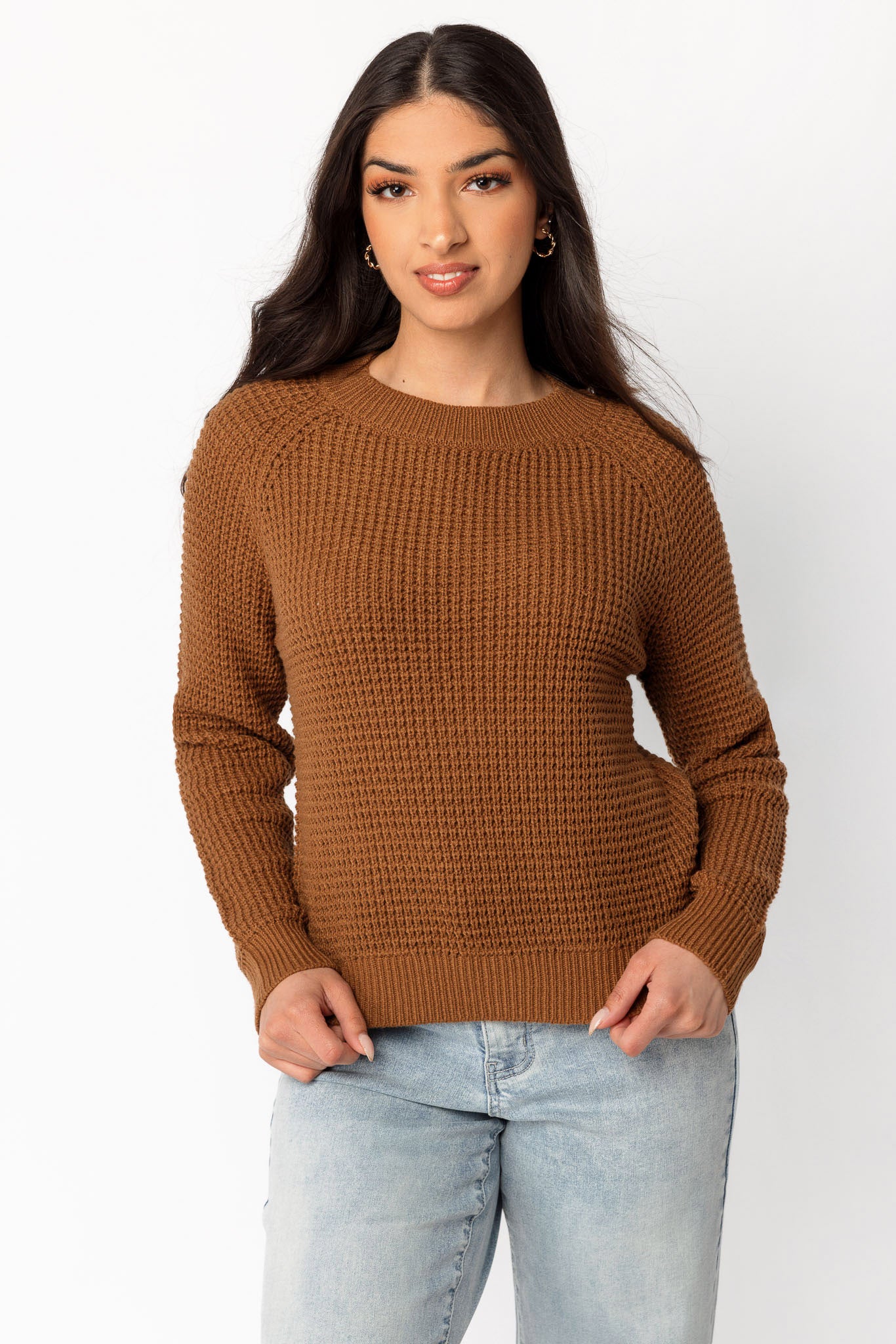 Long-Sleeve Crew-Neck Waffle Sweater
