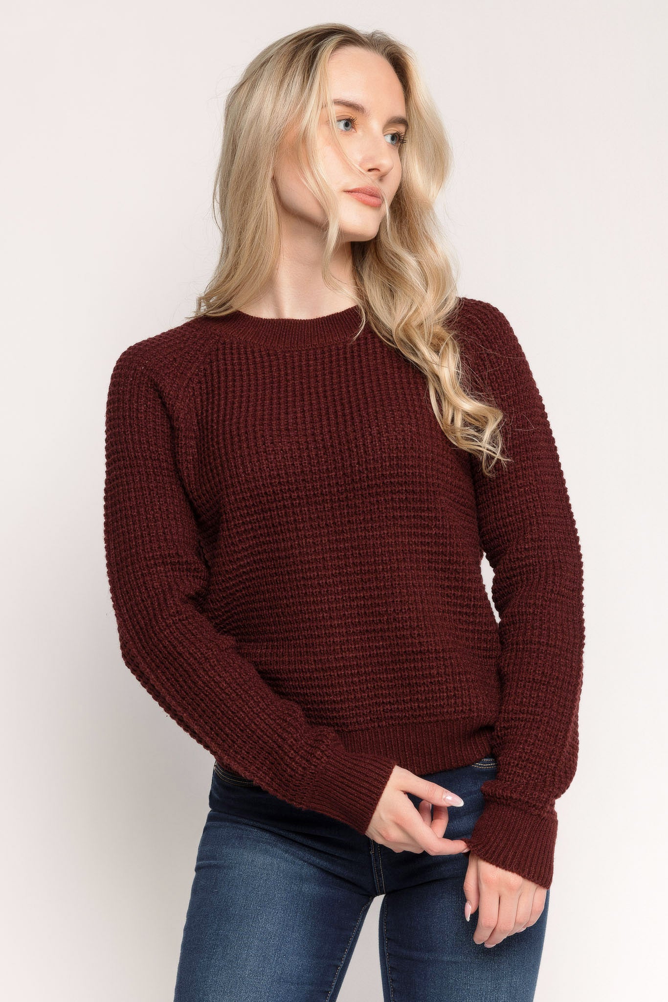 Long-Sleeve Crew-Neck Waffle Sweater