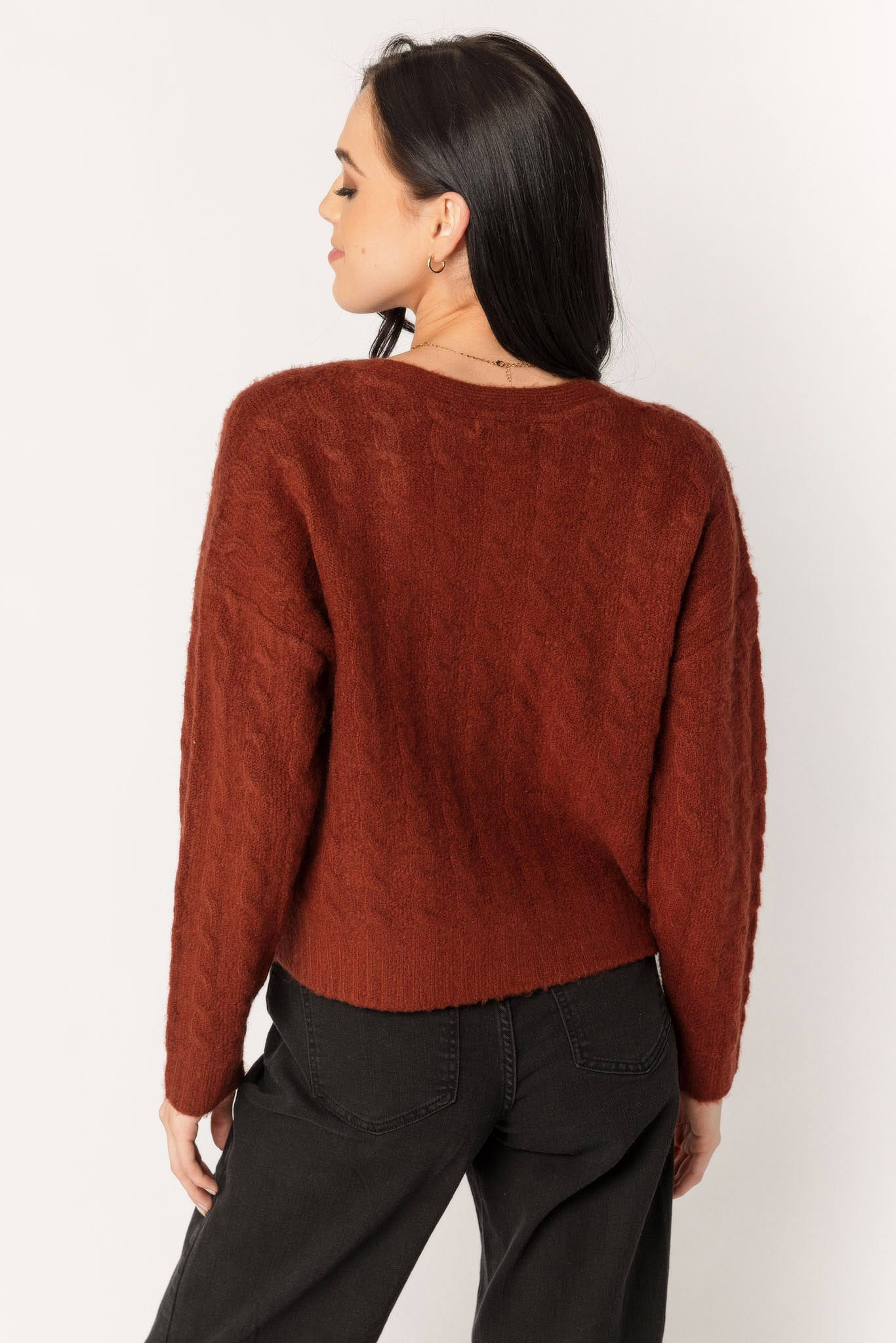Long-Sleeve Buttoned V-Neck Cable Cardigan