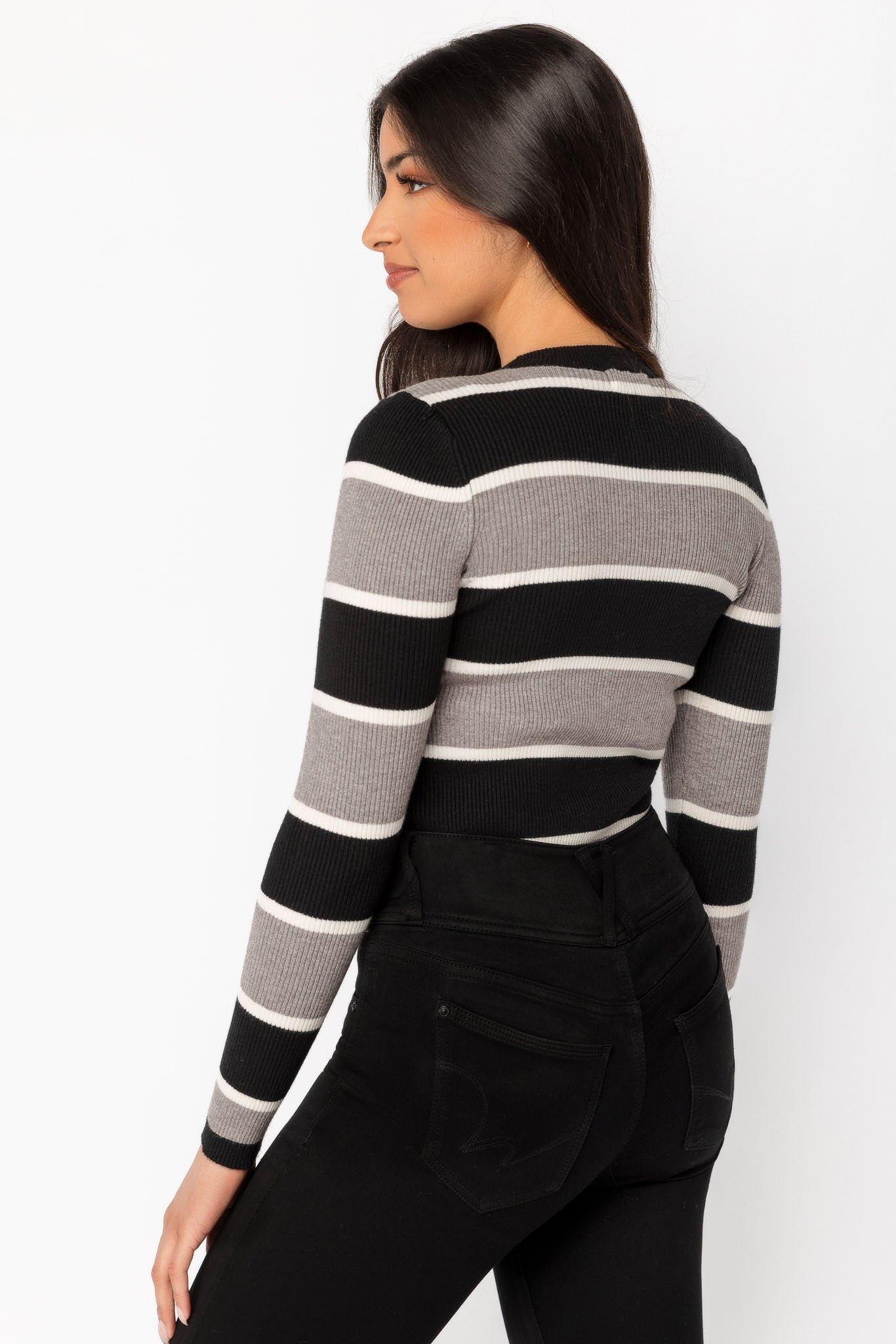 Black and Grey Striped Long-Sleeve Crewneck