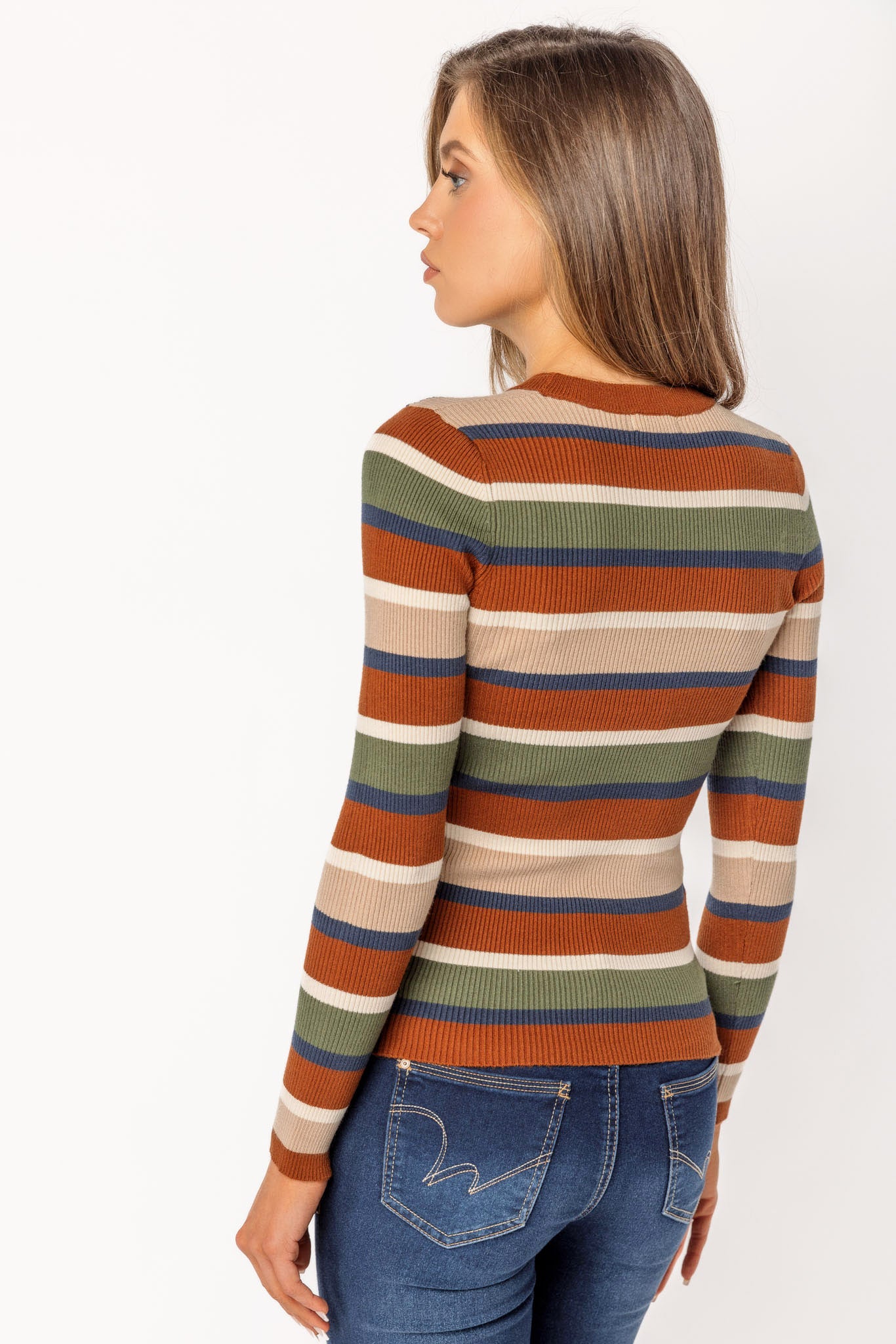 Chestnut and Olive Striped Long-Sleeve Crewneck