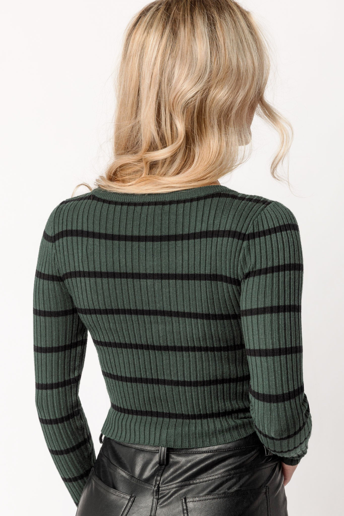 Cropped Long-Sleeve Striped Sweater with Buttons