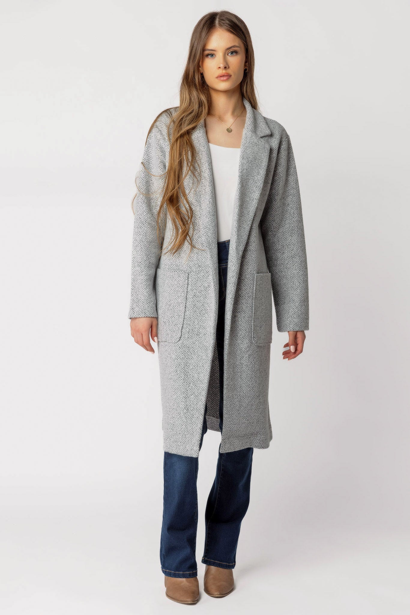 Boucle Open Front Knit Coatigan with Pockets