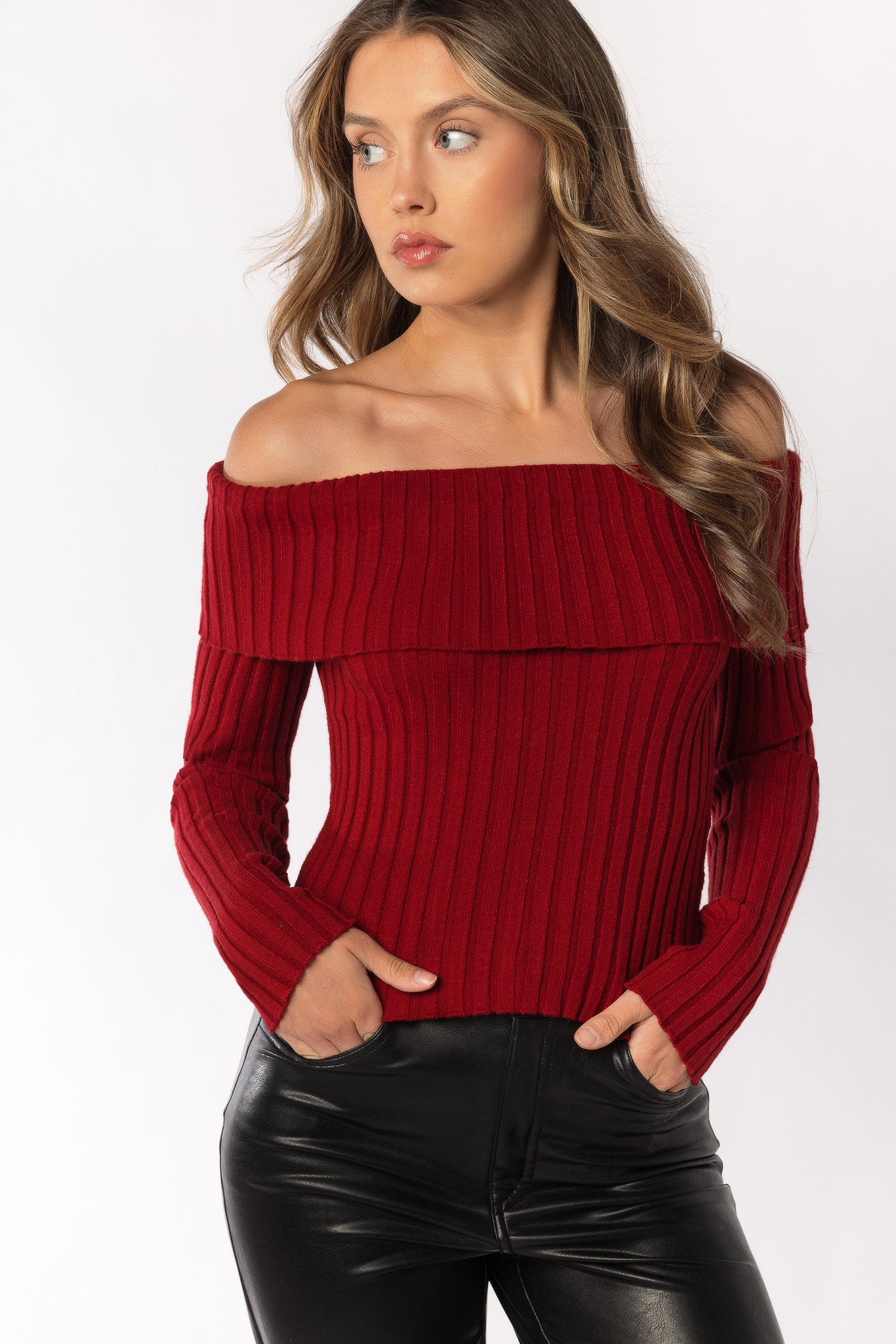 Off Shoulder Ribbed Sweater