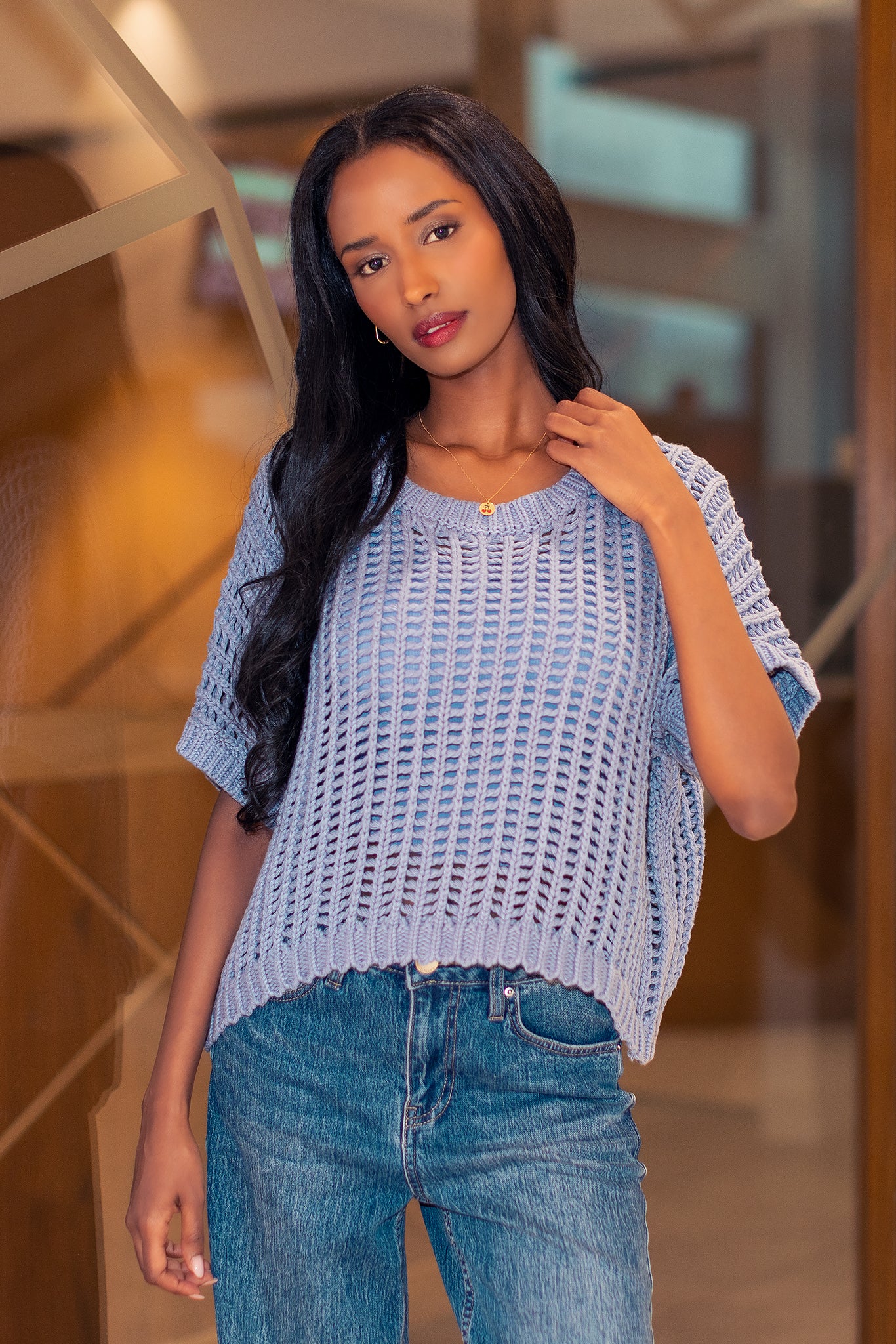 Oversized Openwork Short-Sleeve Sweater