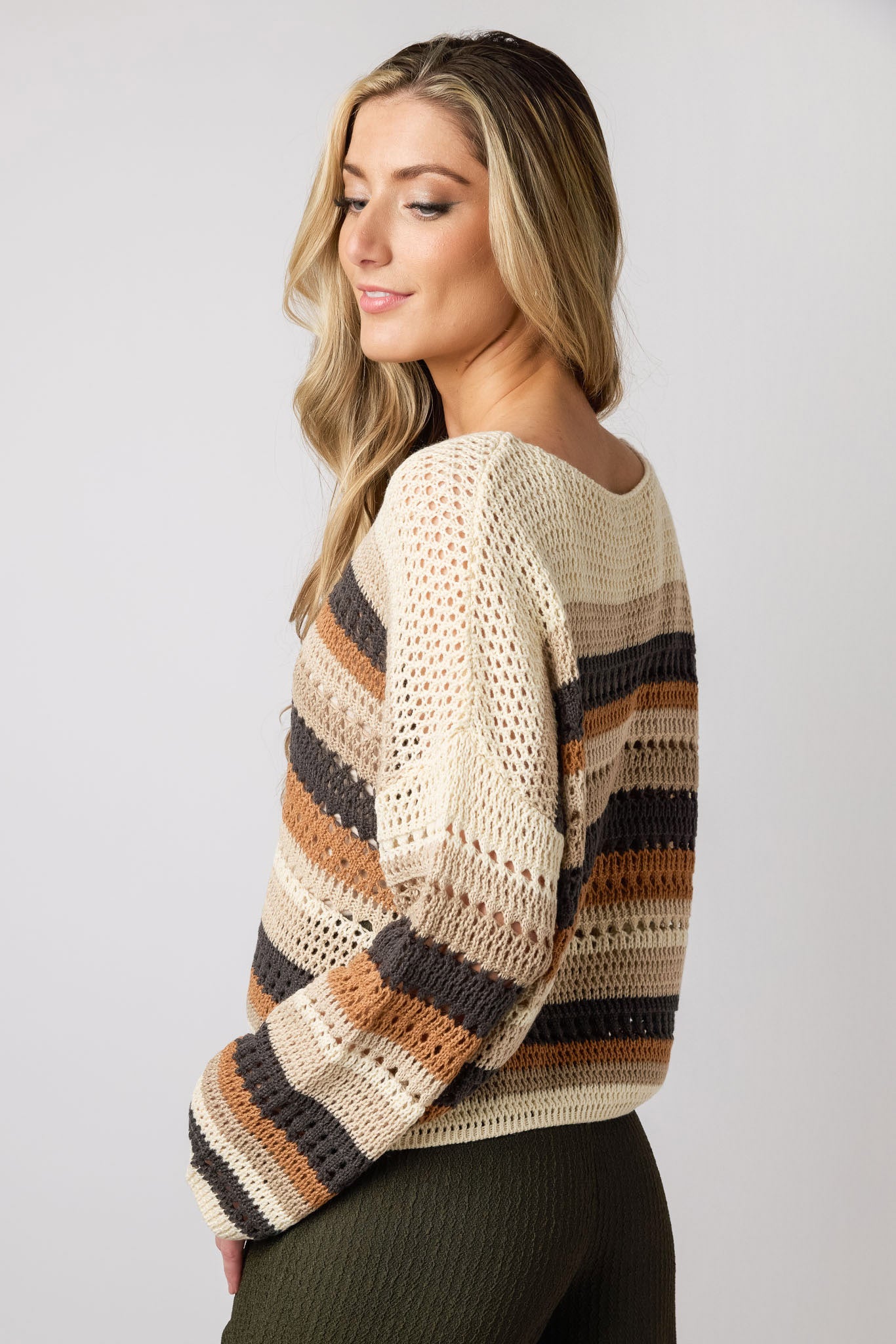 Stripe Crochet Long Sleeve Sweater