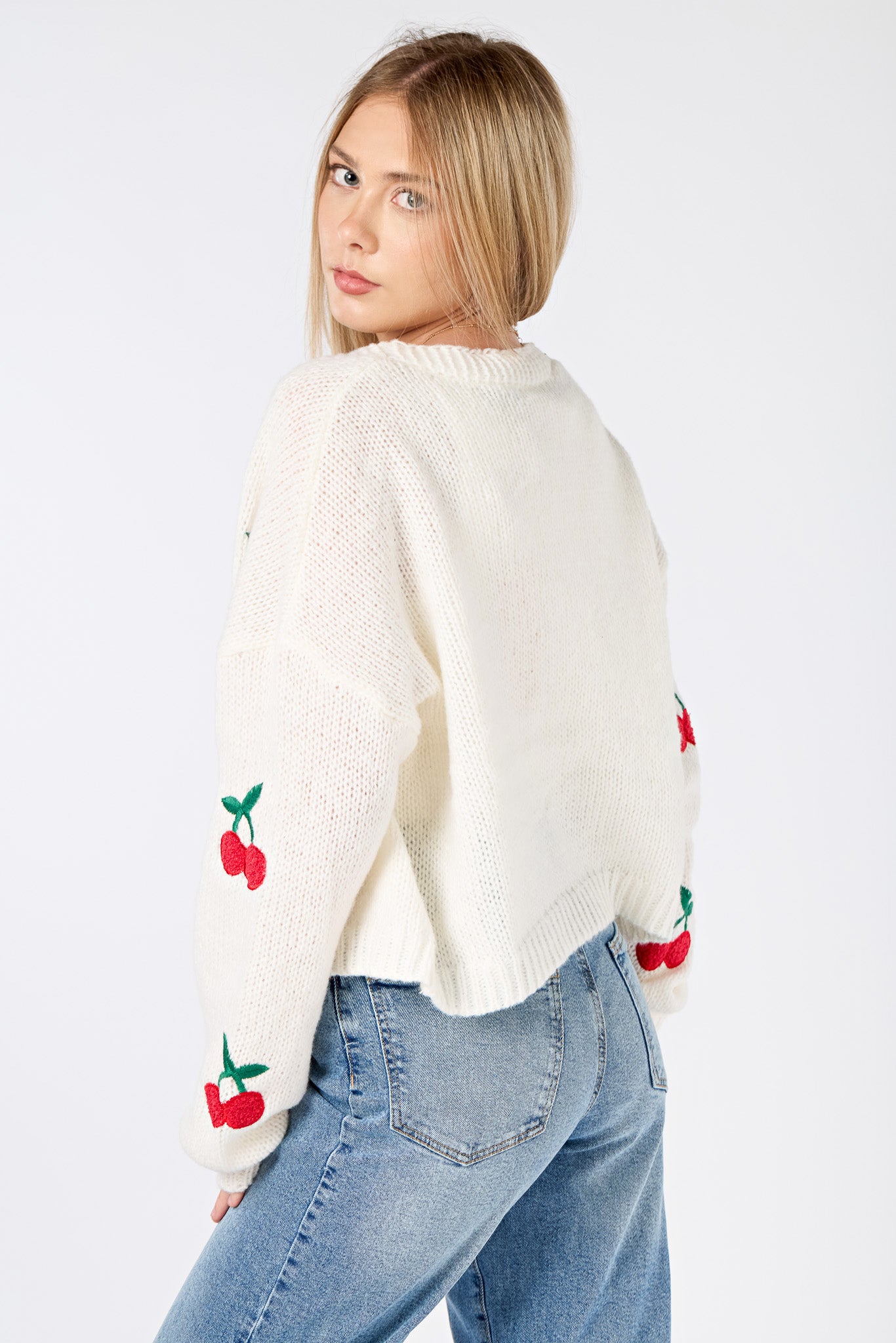 Cherry Embroidered Open Cardigan