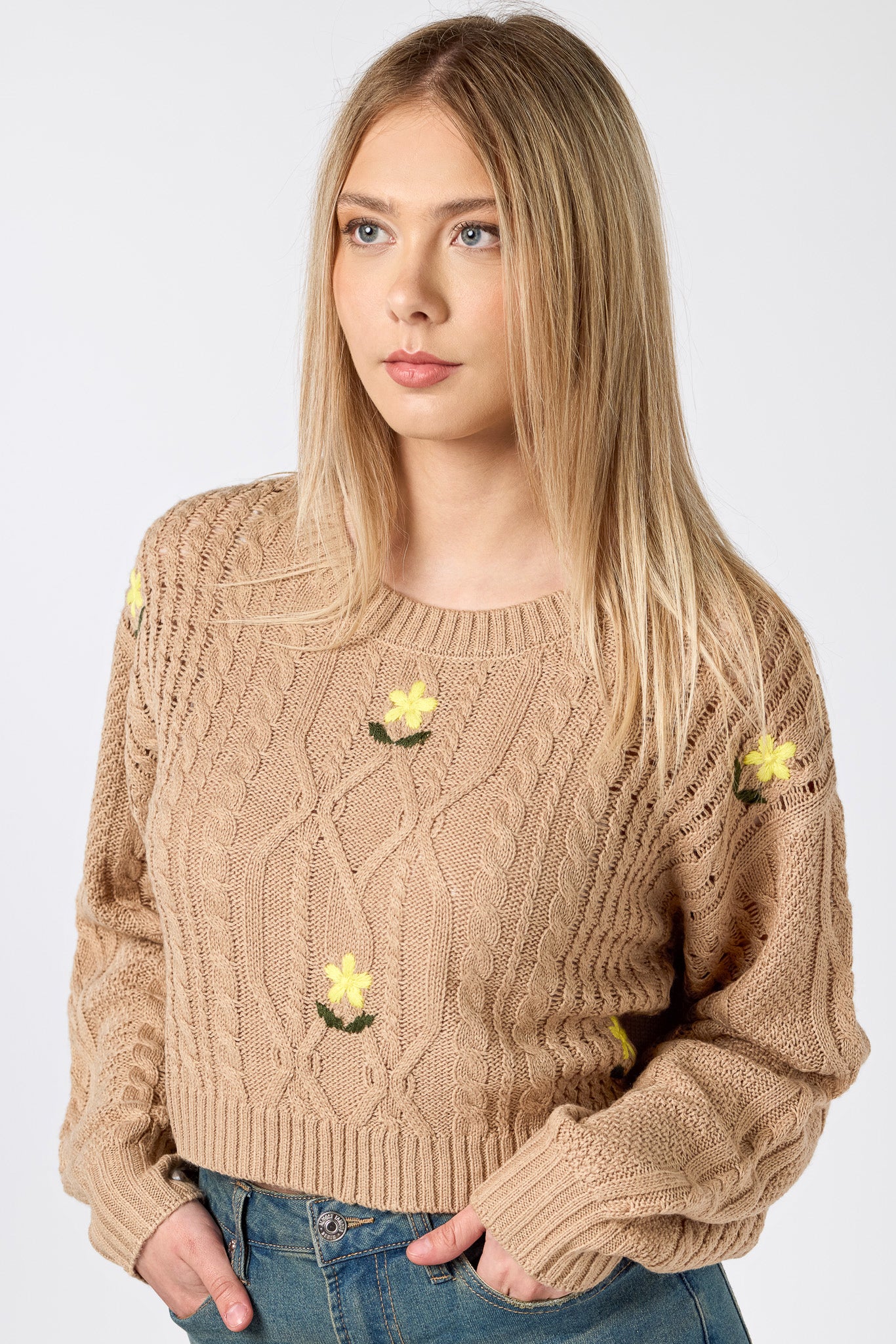 Floral Embroidered Cabled Cropped Sweater