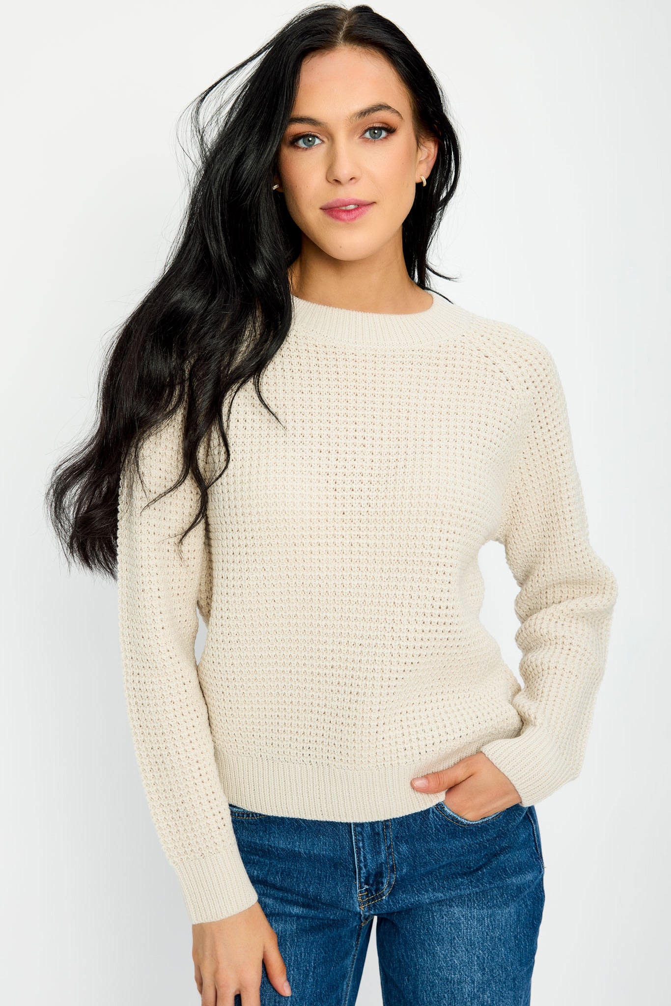 Solid Waffle-Knit Long Sleeve Sweater