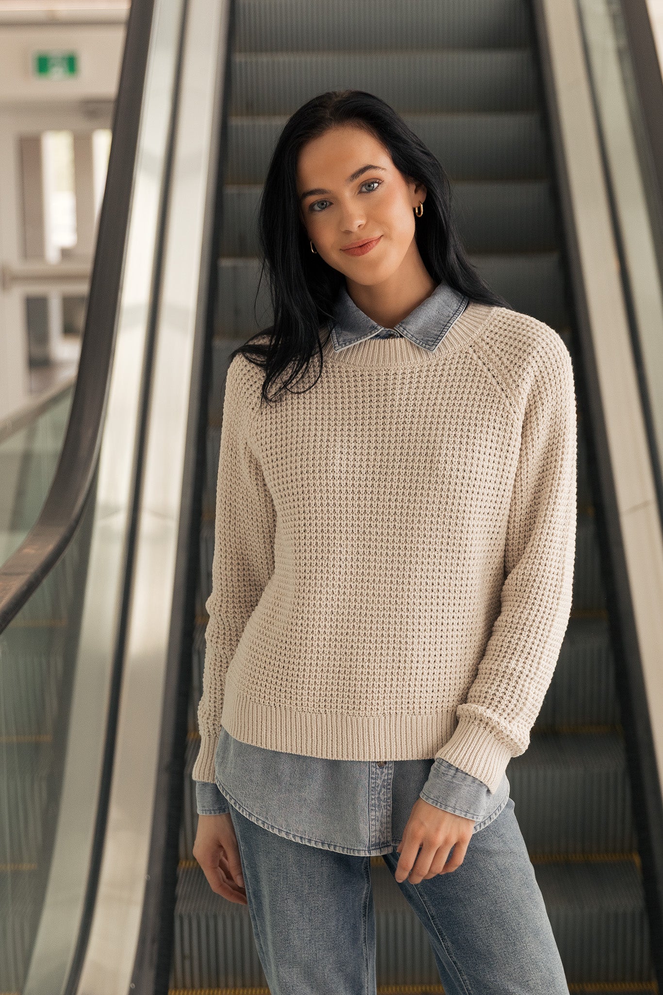 Solid Waffle-Knit Long Sleeve Sweater