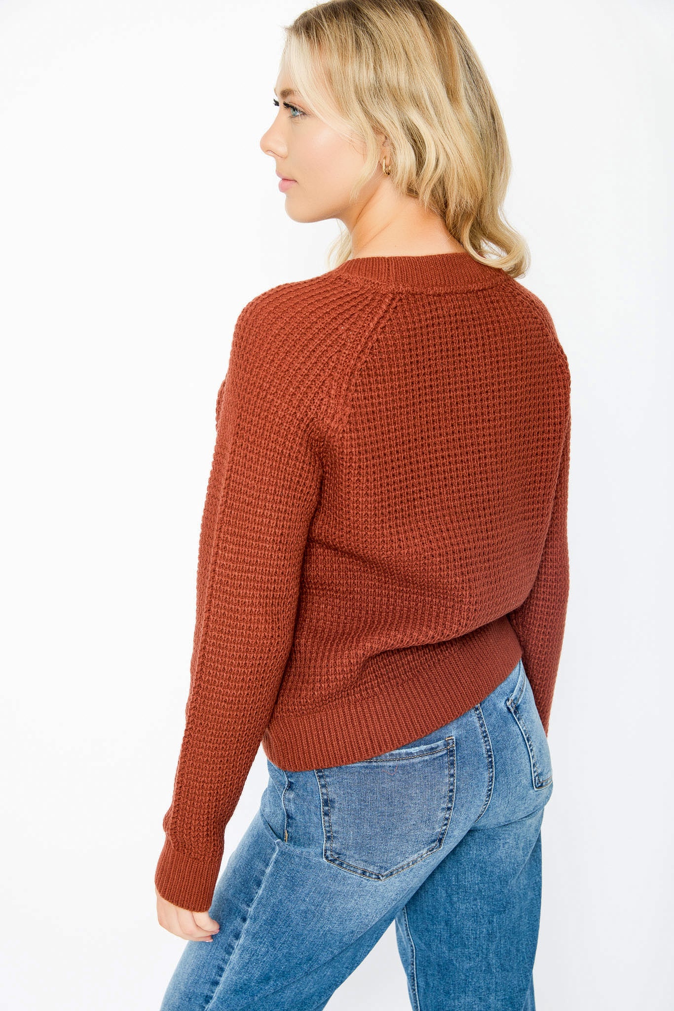 Solid Waffle-Knit Long Sleeve Sweater