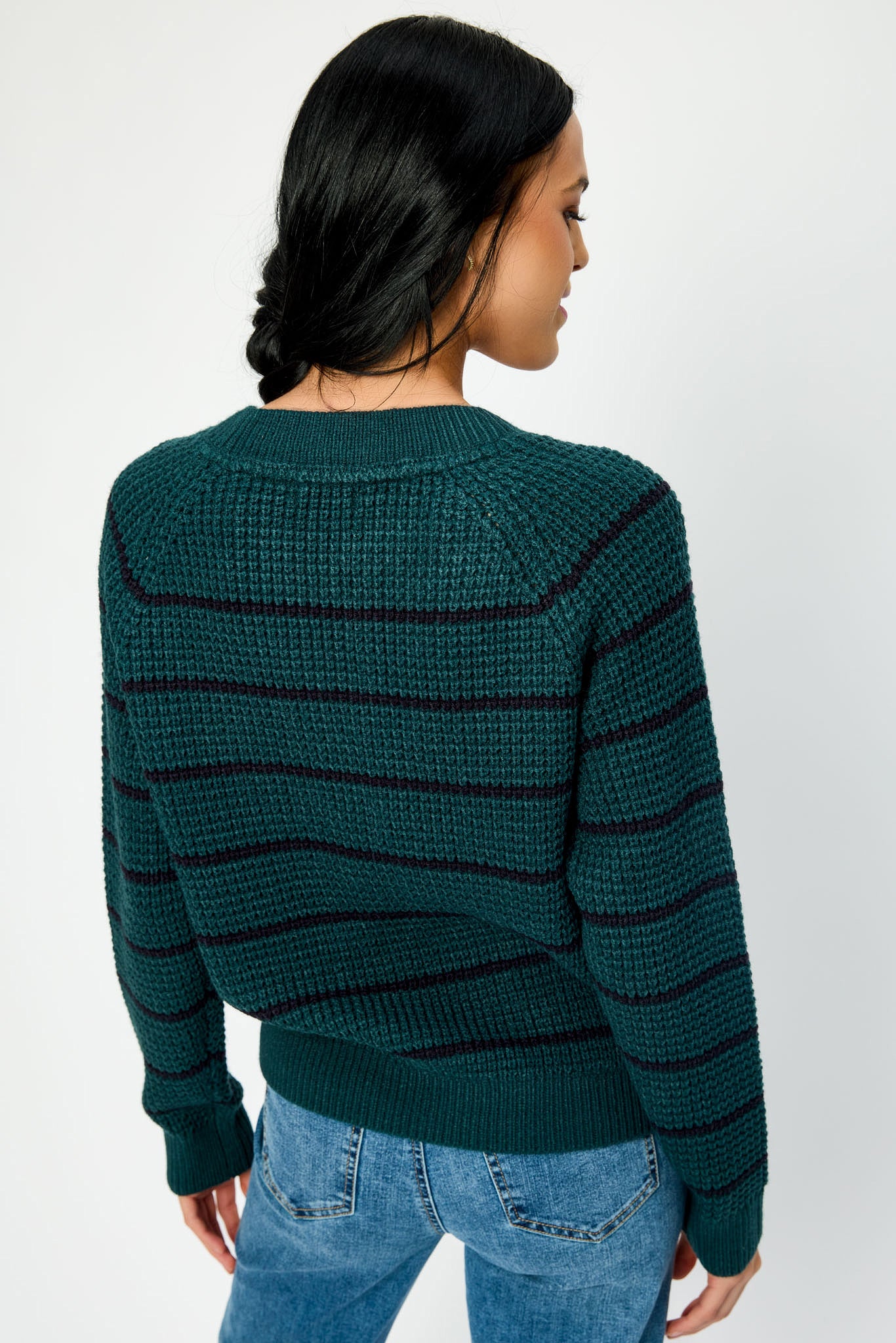 Striped Waffle-Knit Long Sleeve Sweater