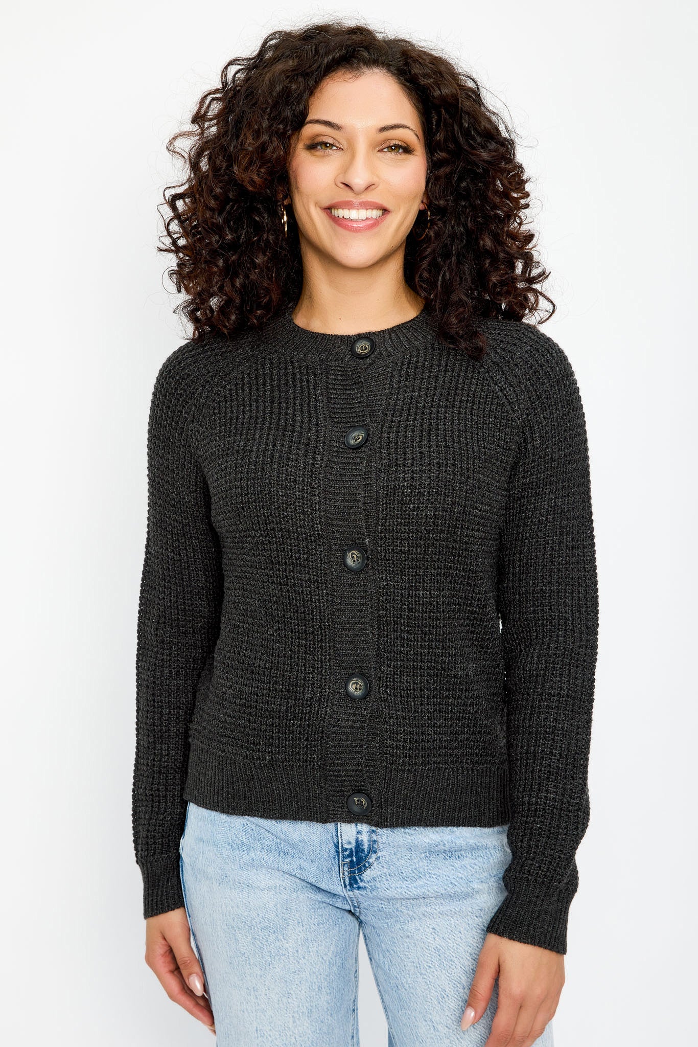 Waffle Crew-Neck Button-Front Cardigan