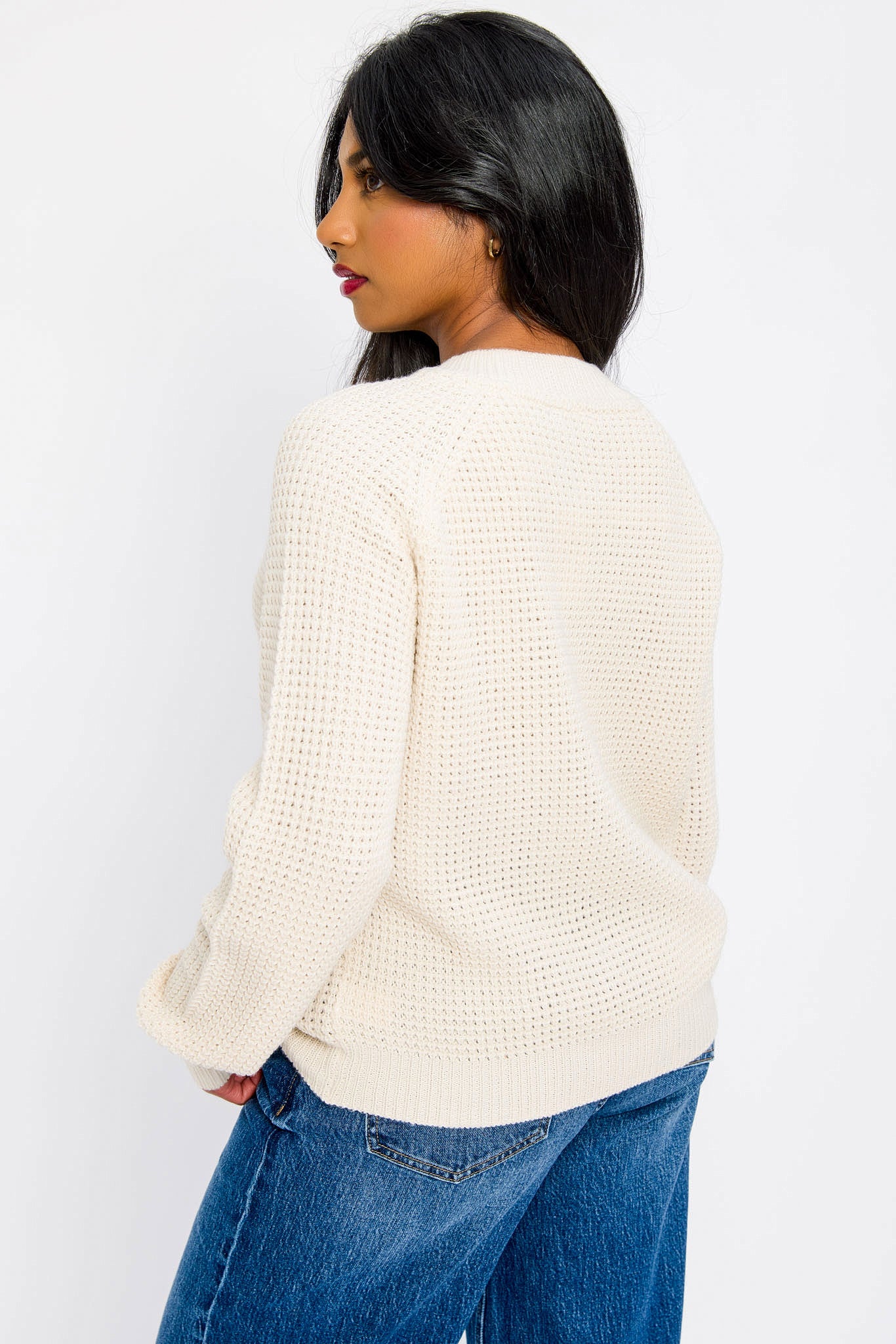 Waffle Crew-Neck Button-Front Cardigan