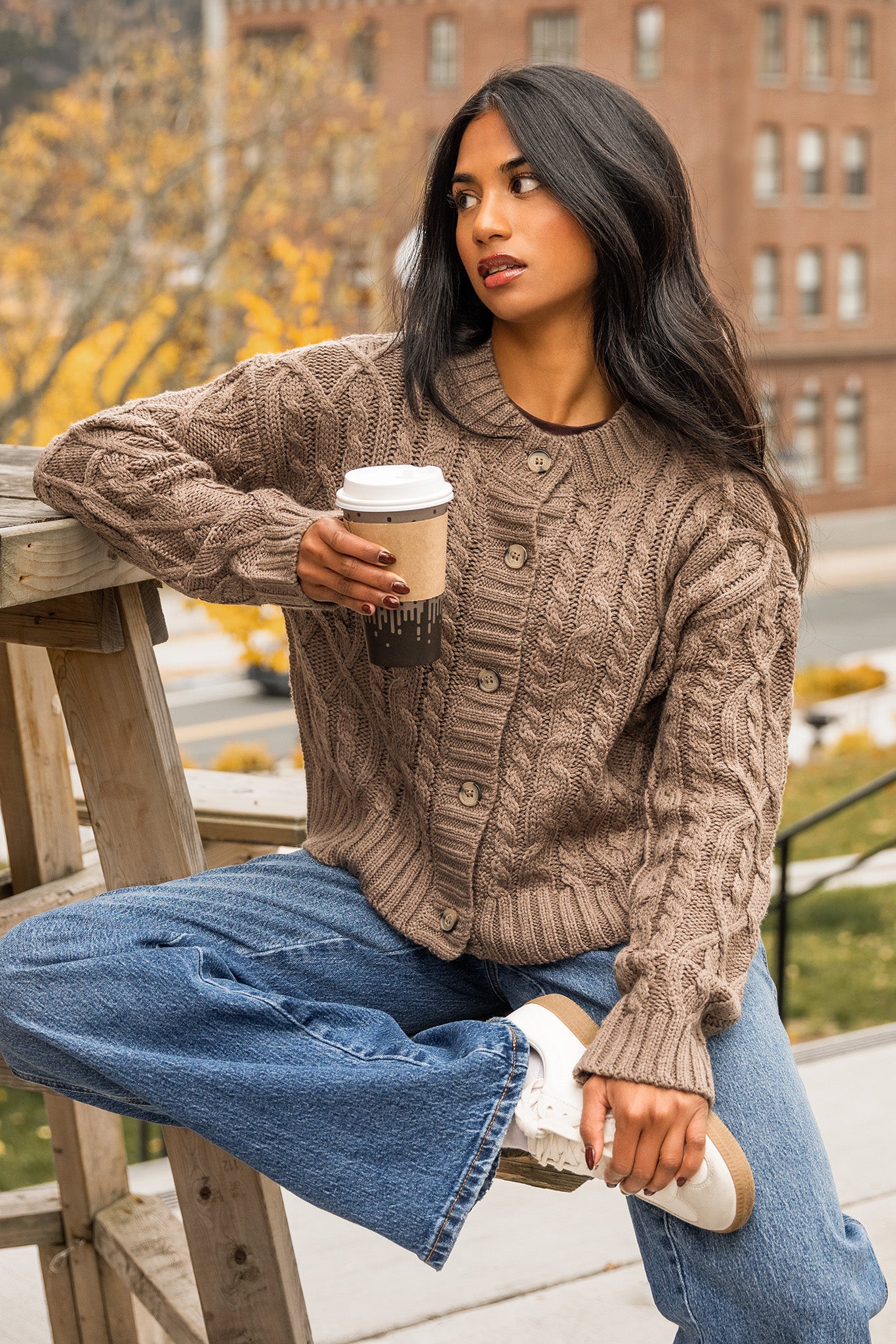 Crew-Neck Long-Sleeve Button-Front Cable-Knit Cardigan