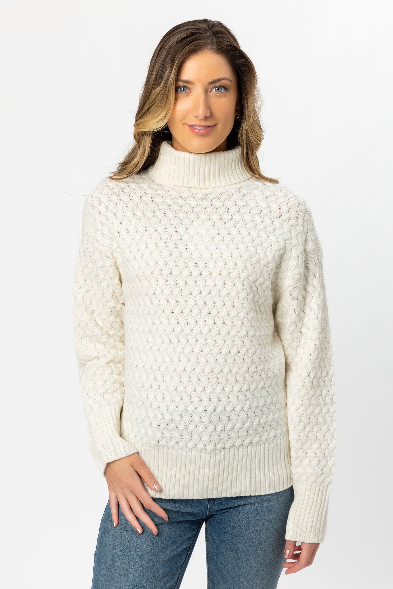 Cowl-Neck Balloon Sleeve Novelty Stitch Sweater