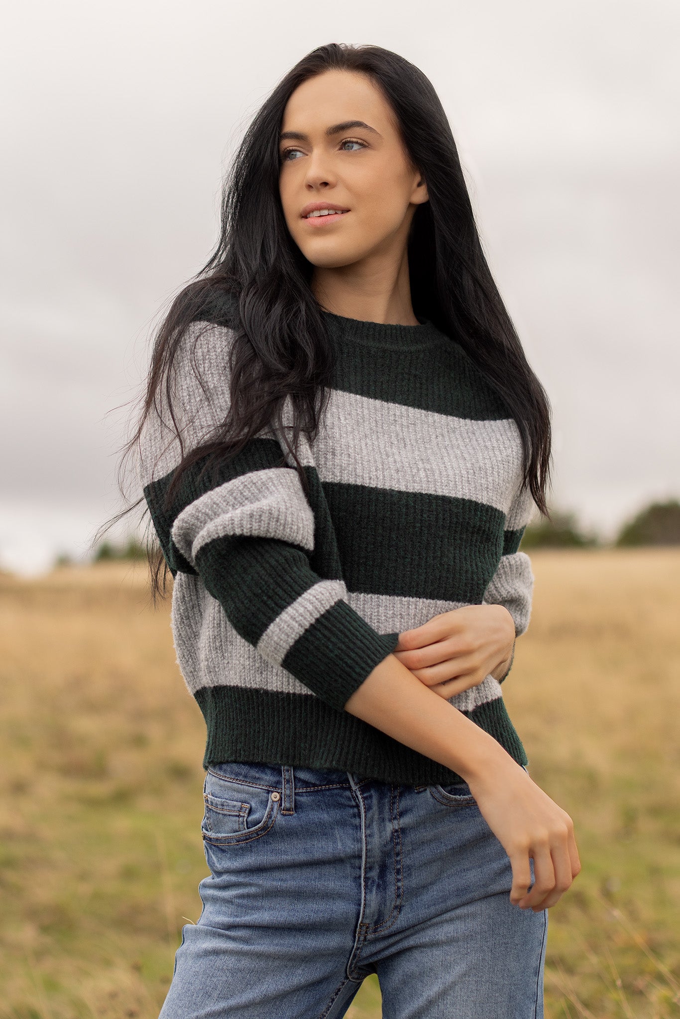 Wide Stripe Crew-Neck Long Sleeve Sweater