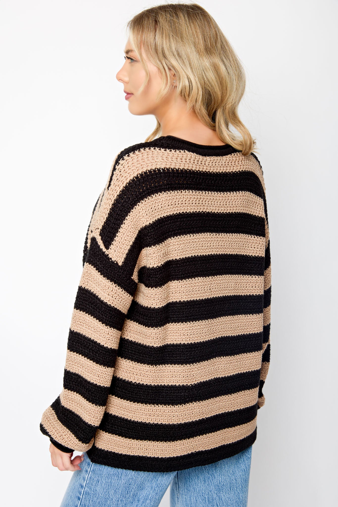 Stripe Crew-Neck Balloon-Sleeve Novelty Knit Sweater