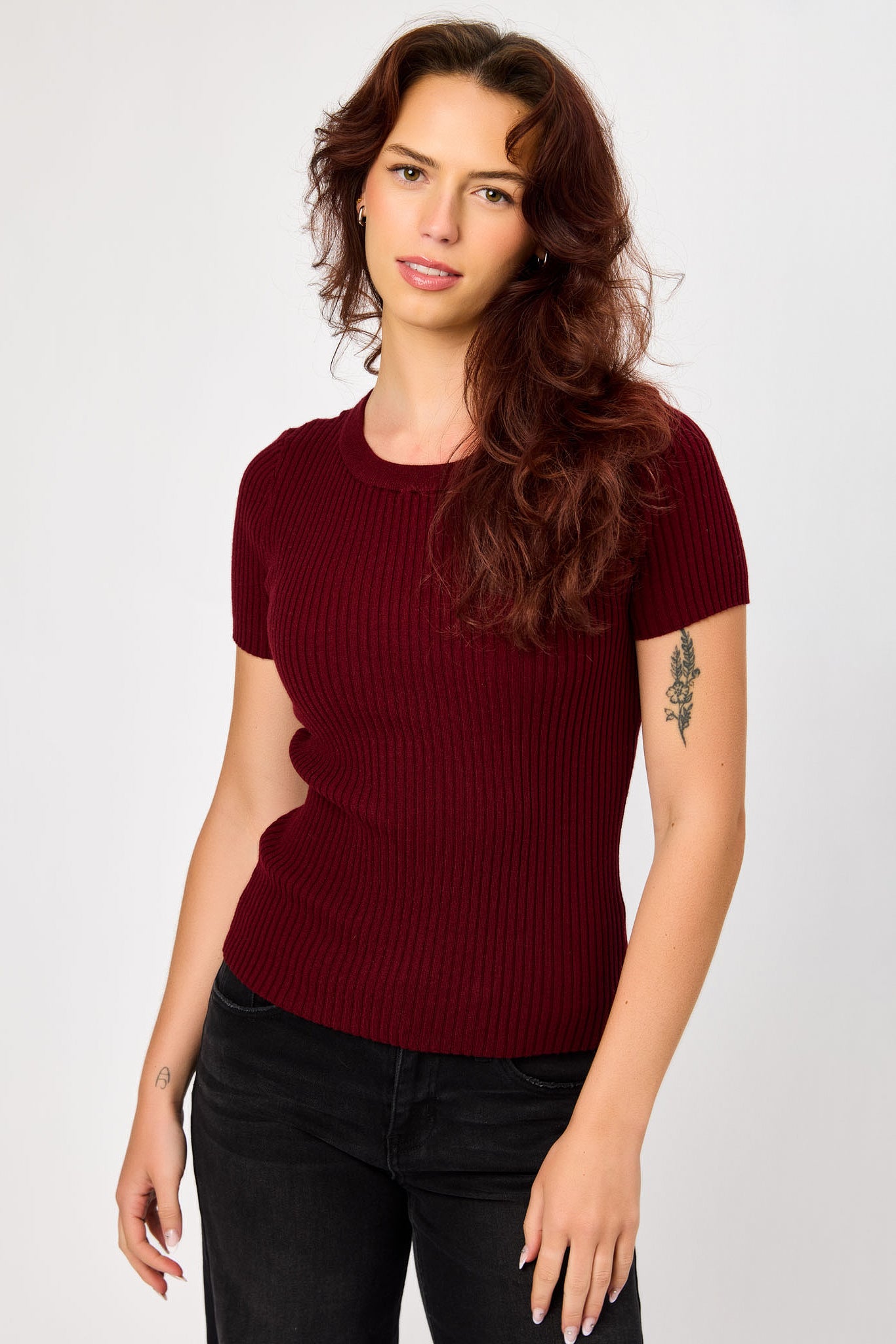 Ribbed Short-Sleeve Crew-Neck Sweater