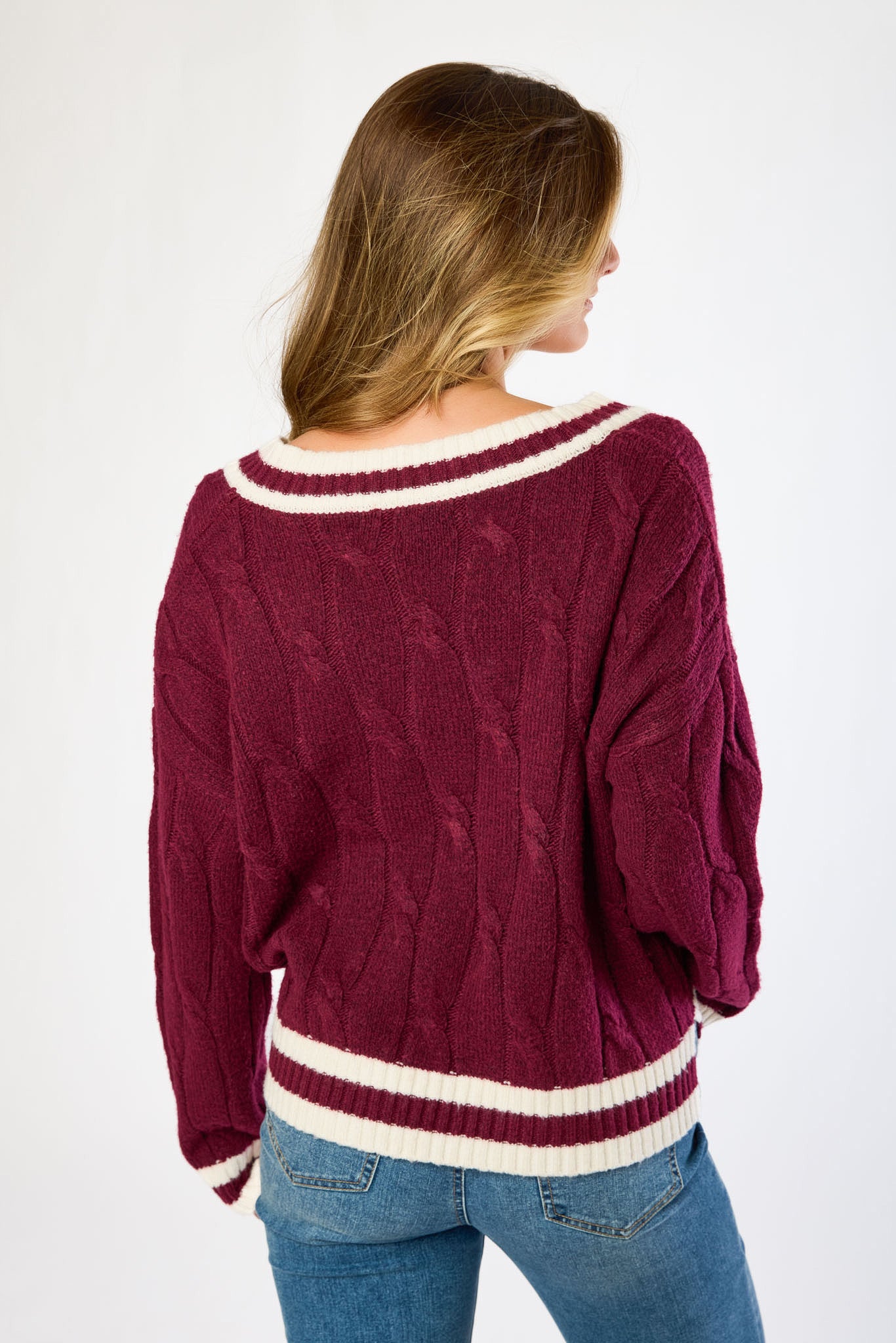 Varsity V-Neck Cable-Knit Sweater