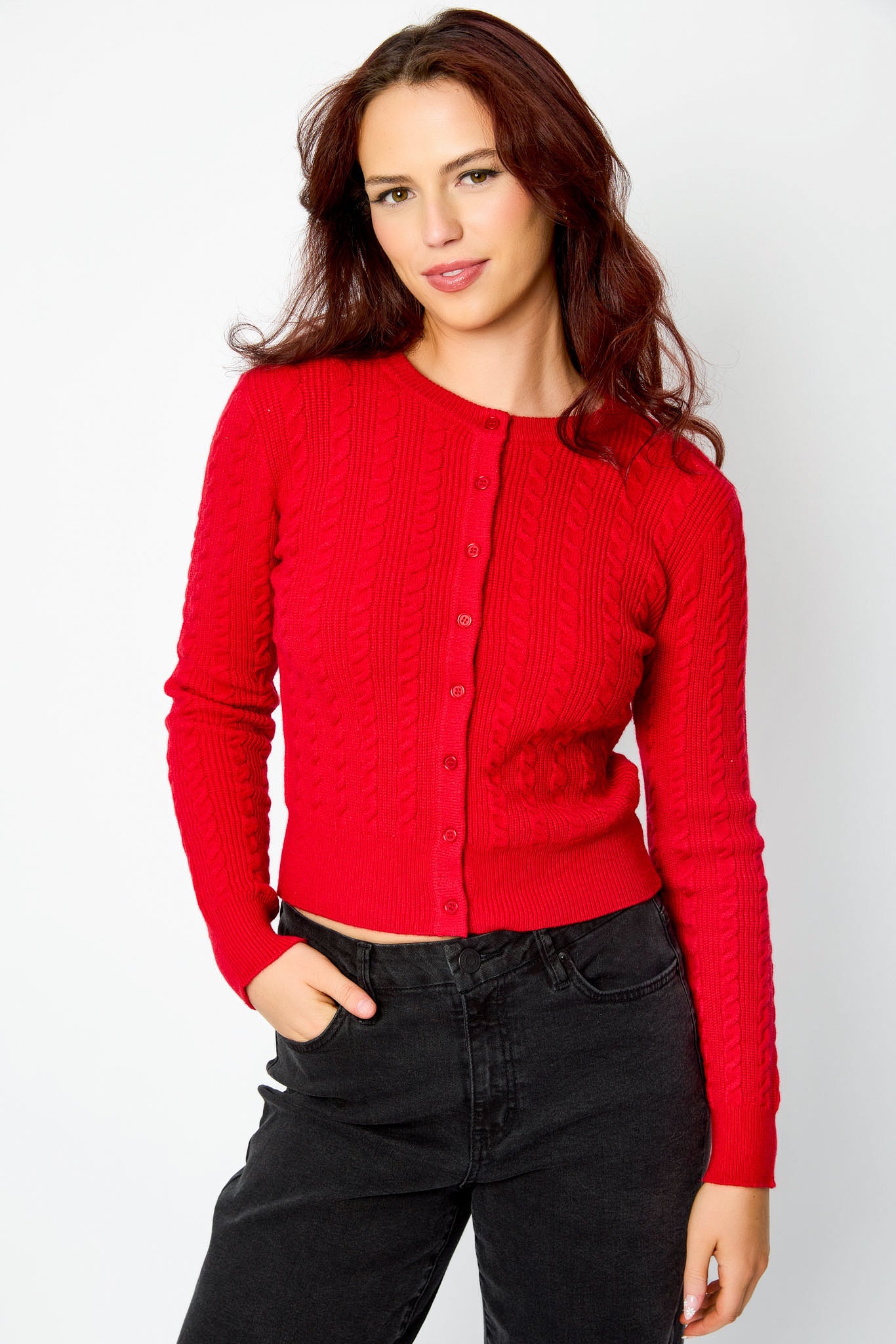 Scoop-Neck Cable Knit Cardigan