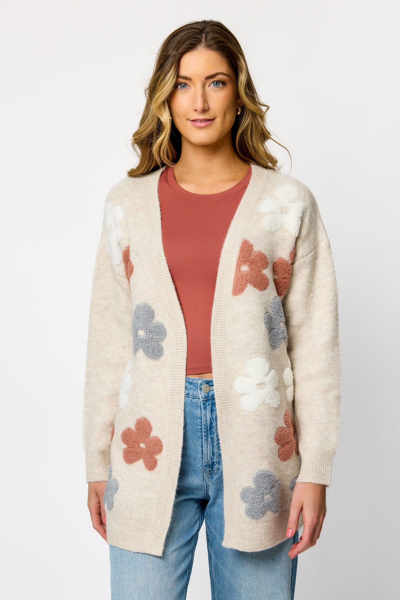 Long-Sleeve Open Cardigan with Puff Flowers